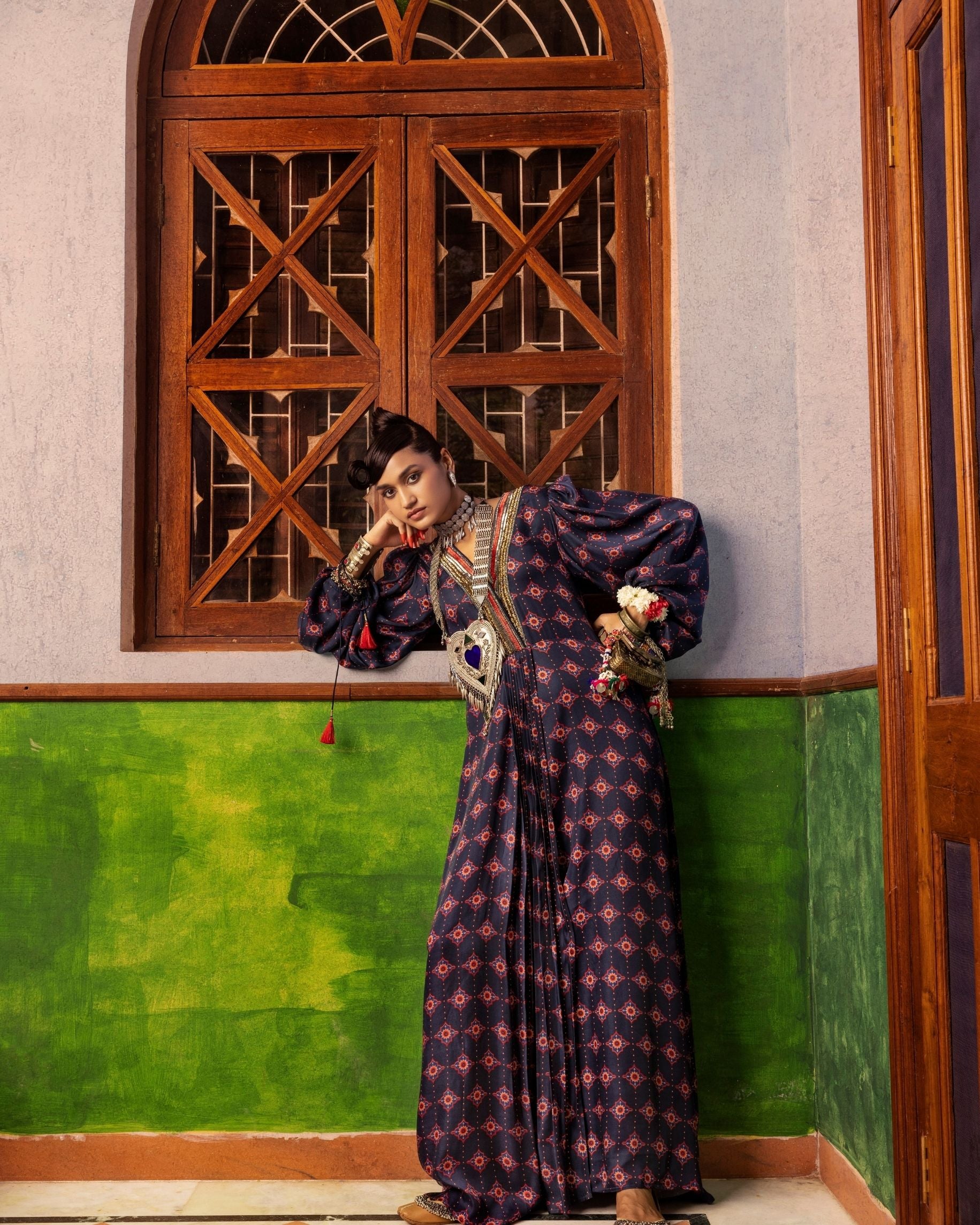 Blue Printed & Embroidered Kaftan