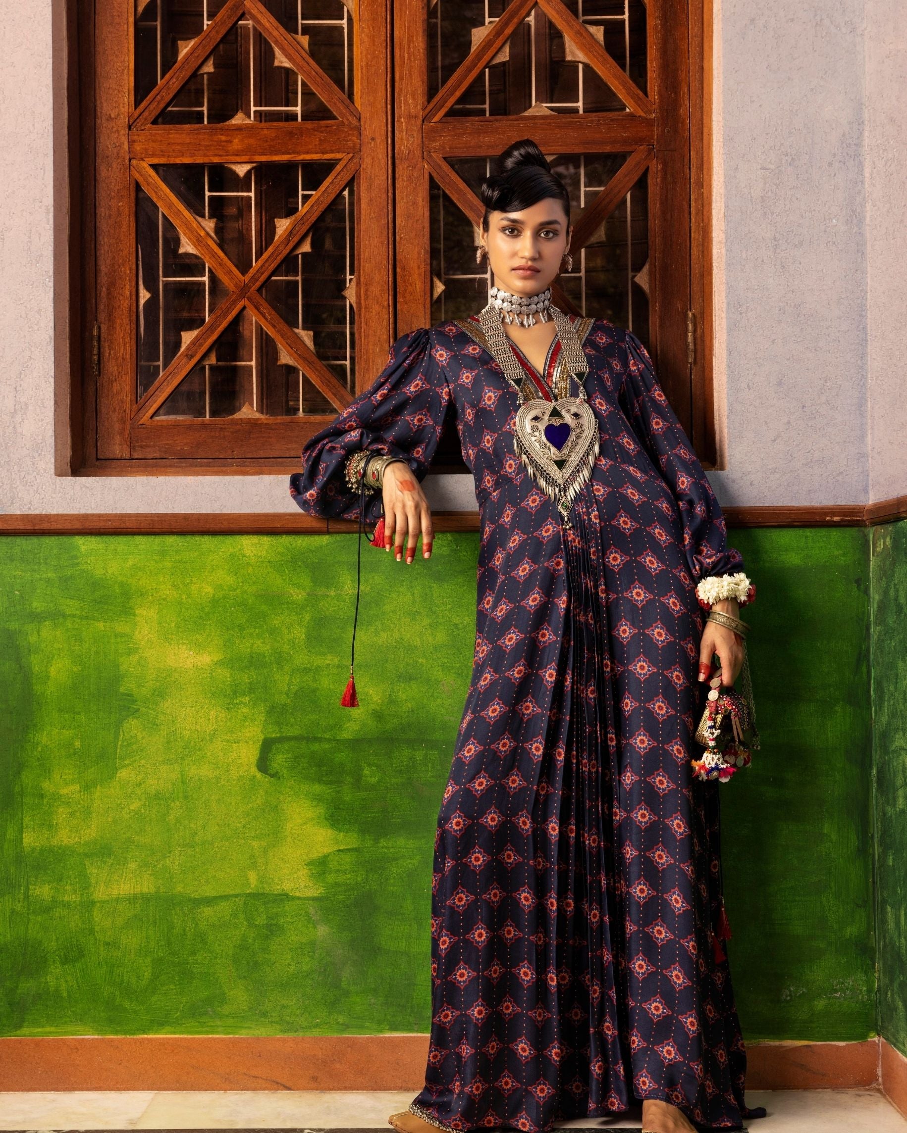 Blue Printed & Embroidered Kaftan