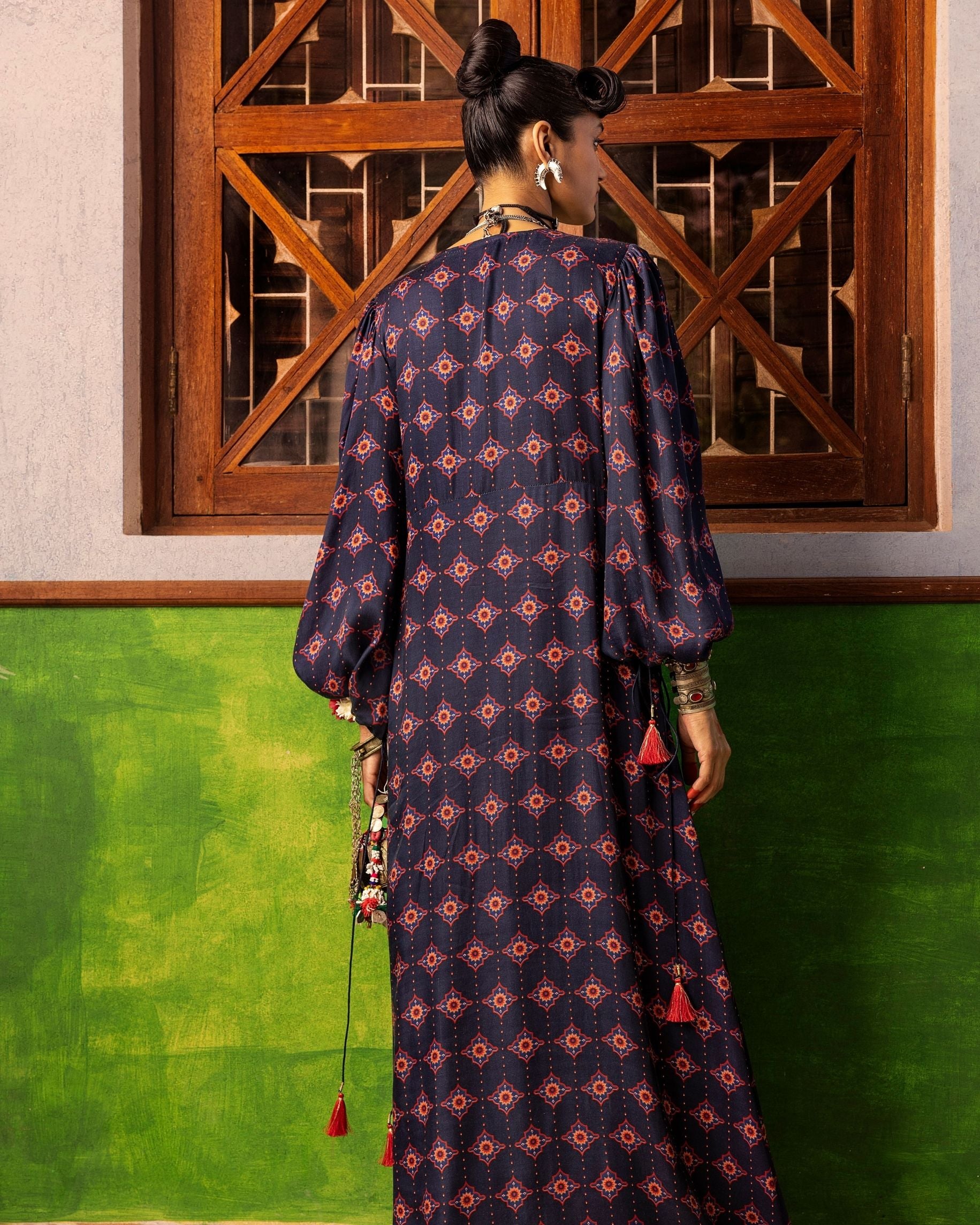 Blue Printed & Embroidered Kaftan Backview