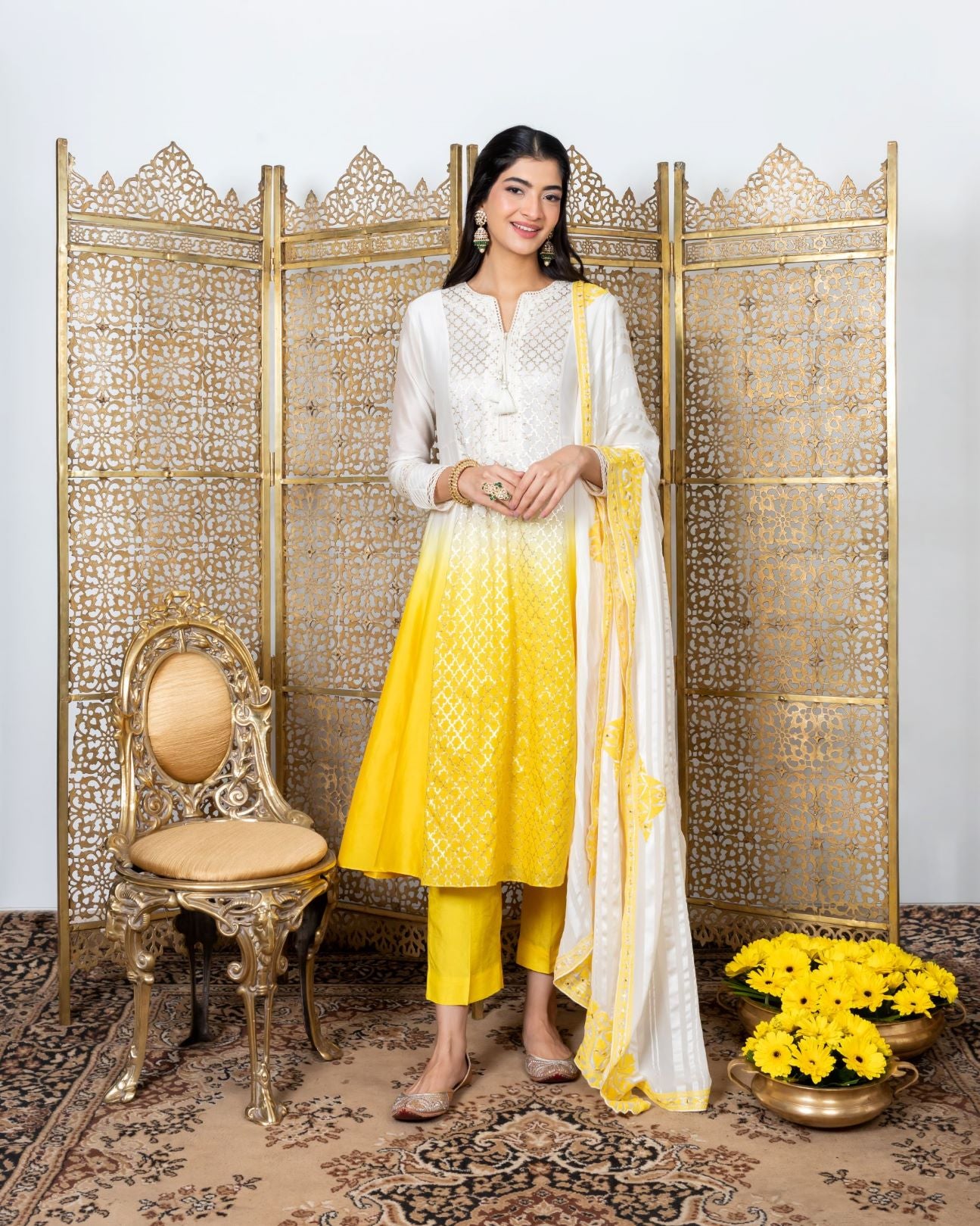Yellow-white kurta with yellow straight pants