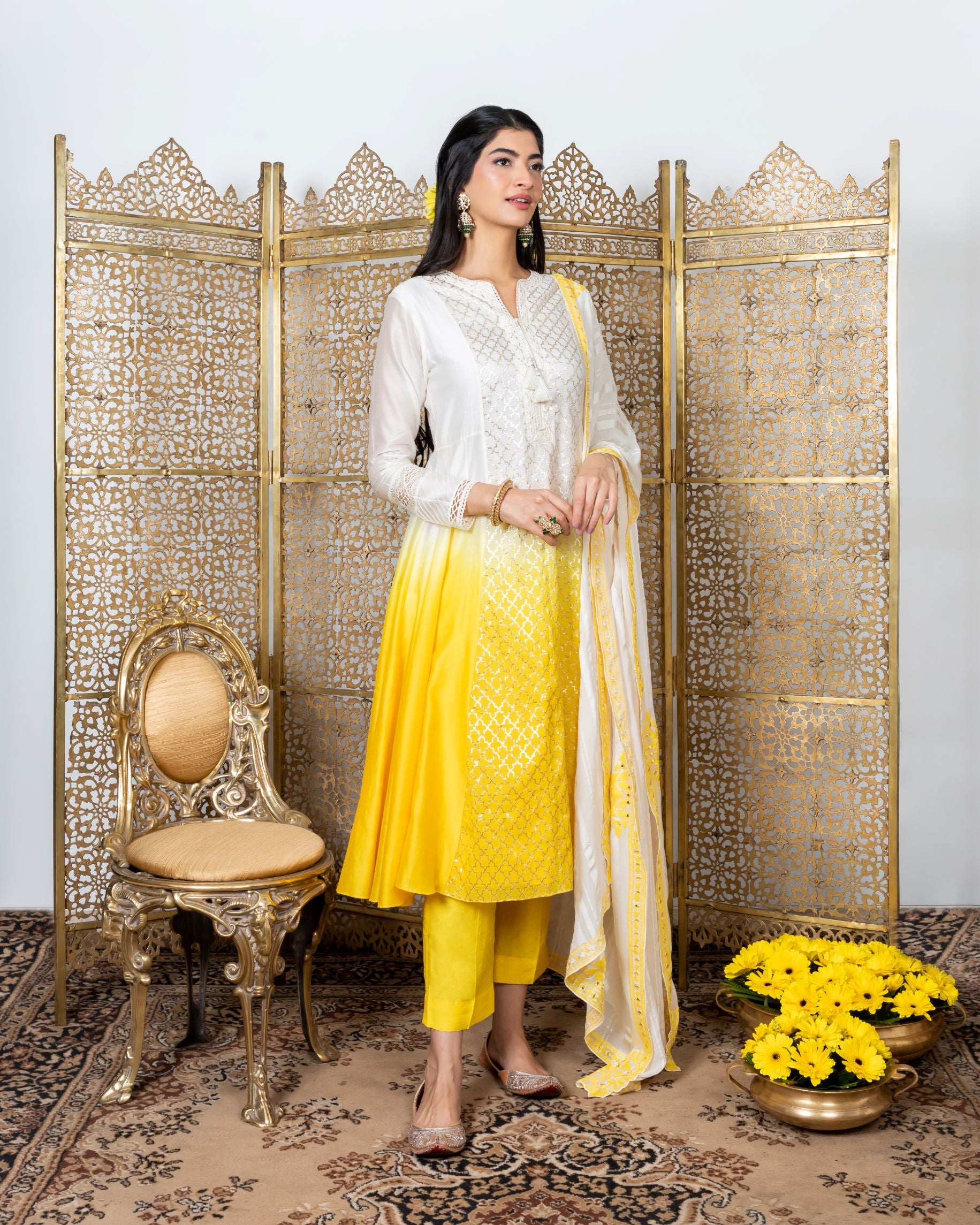 Yellow-white kurta with yellow straight pants