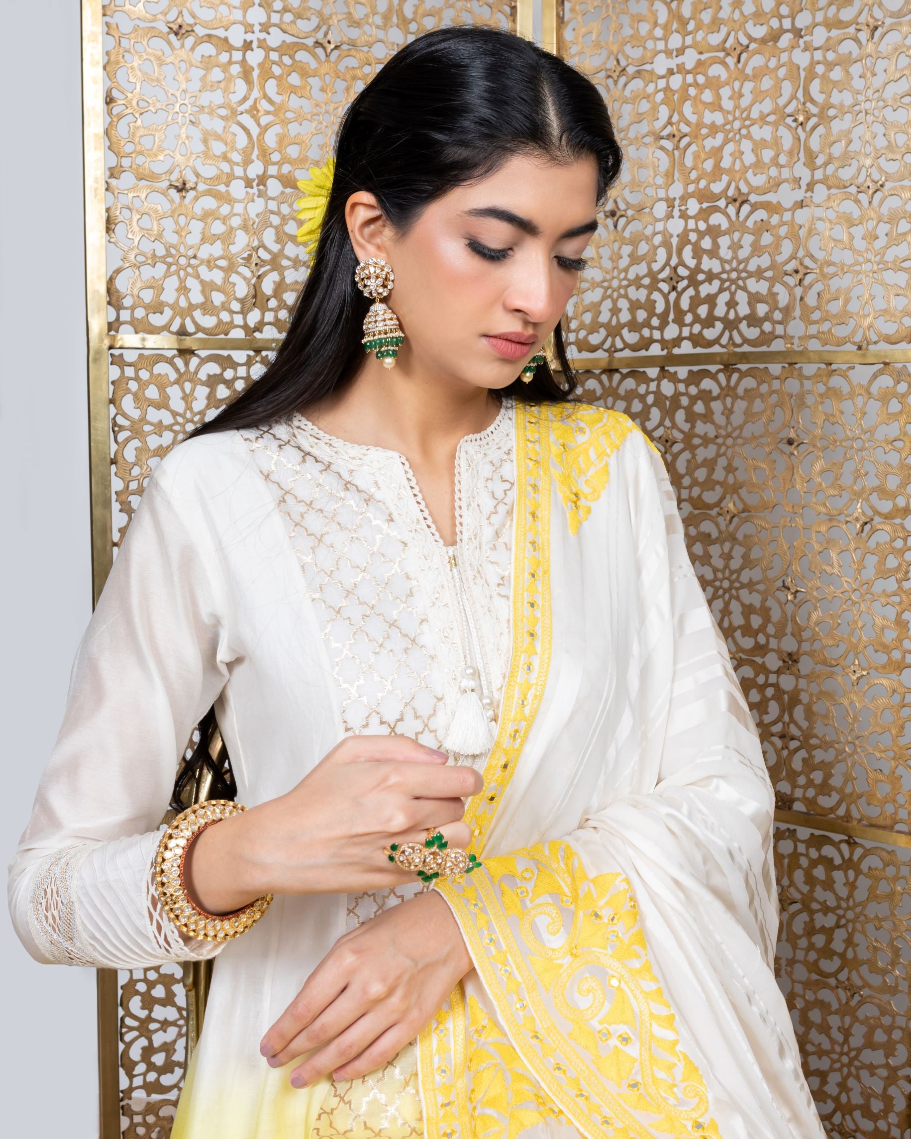 Yellow-white kurta with yellow straight pants