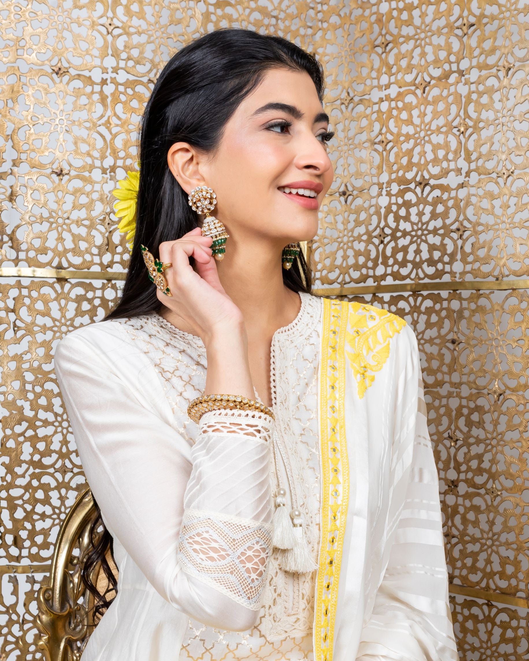 Yellow-white kurta with yellow straight pants