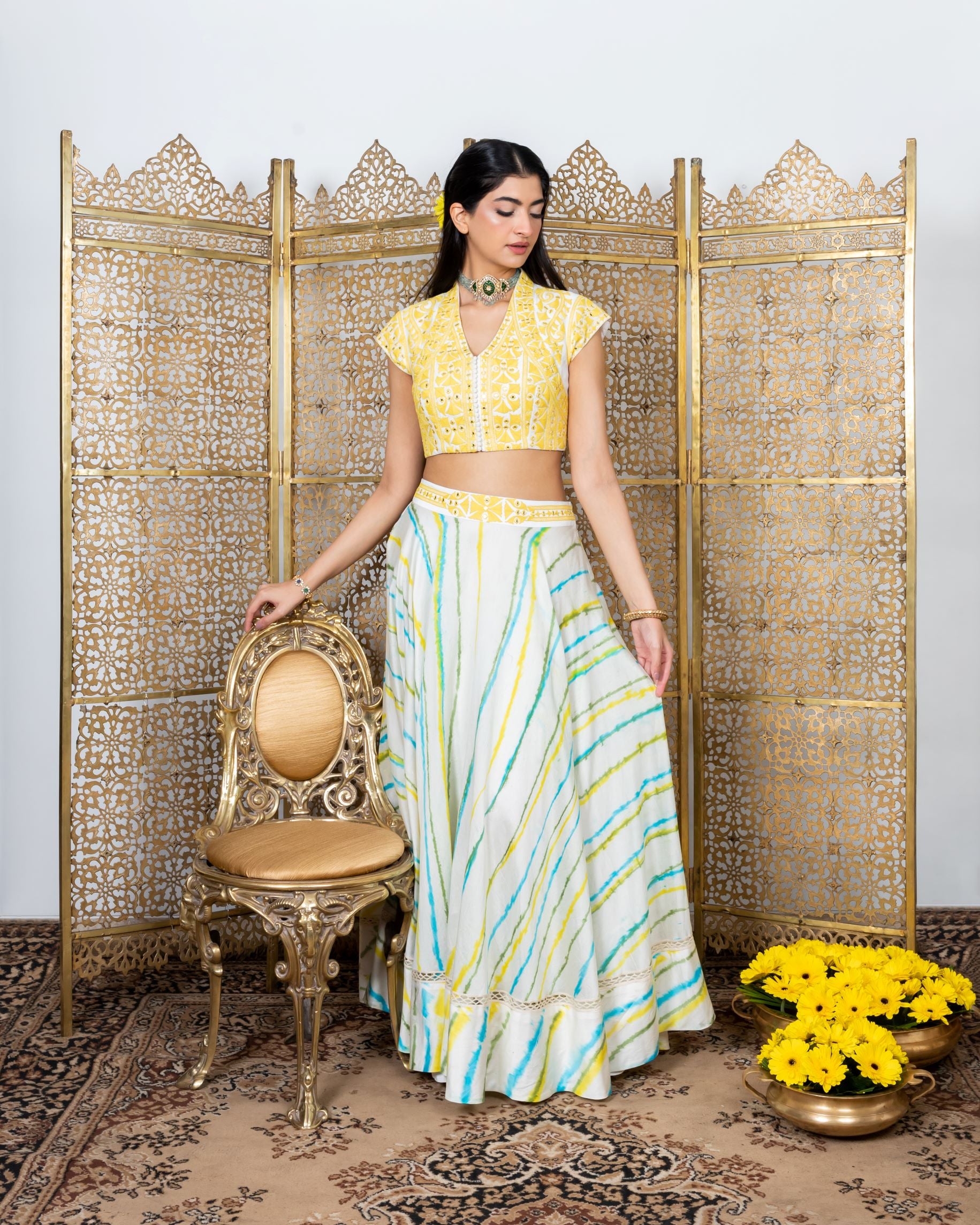 Women's Yellow-White Embroidered Lehenga Set