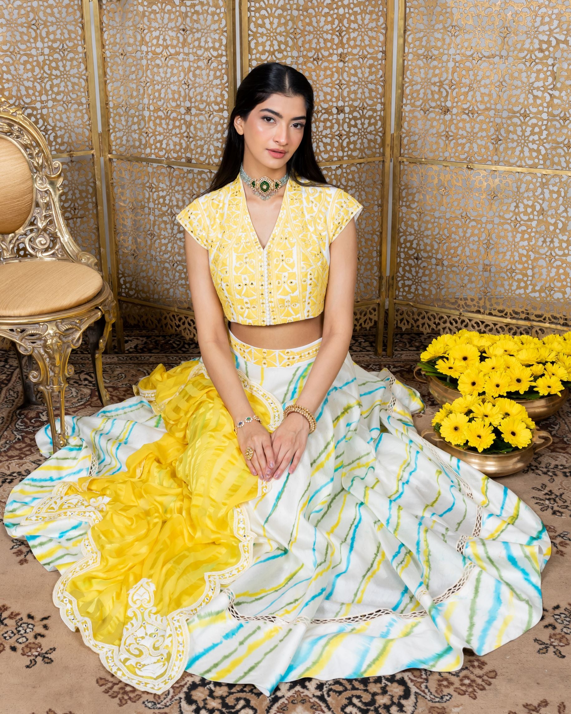 Women's Yellow-White Embroidered Lehenga Set