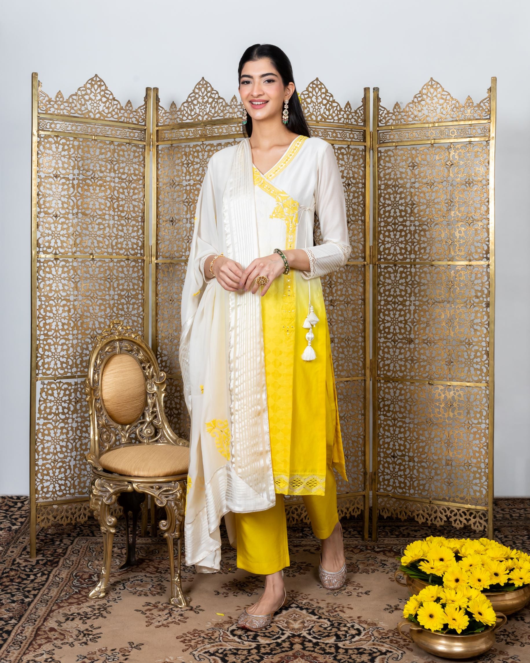 Yellow-white embroidered angarakha kurta