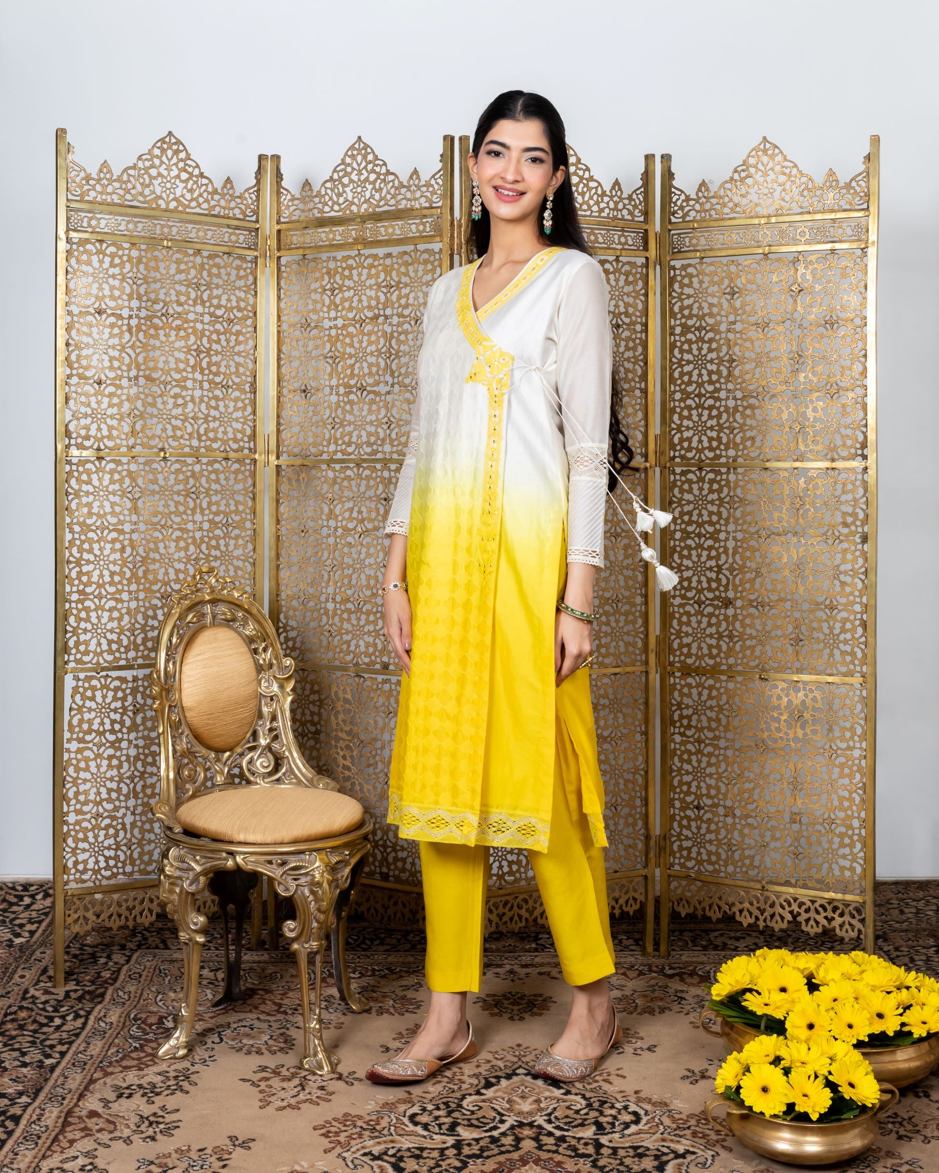 Yellow-white embroidered angarakha kurta frontview
