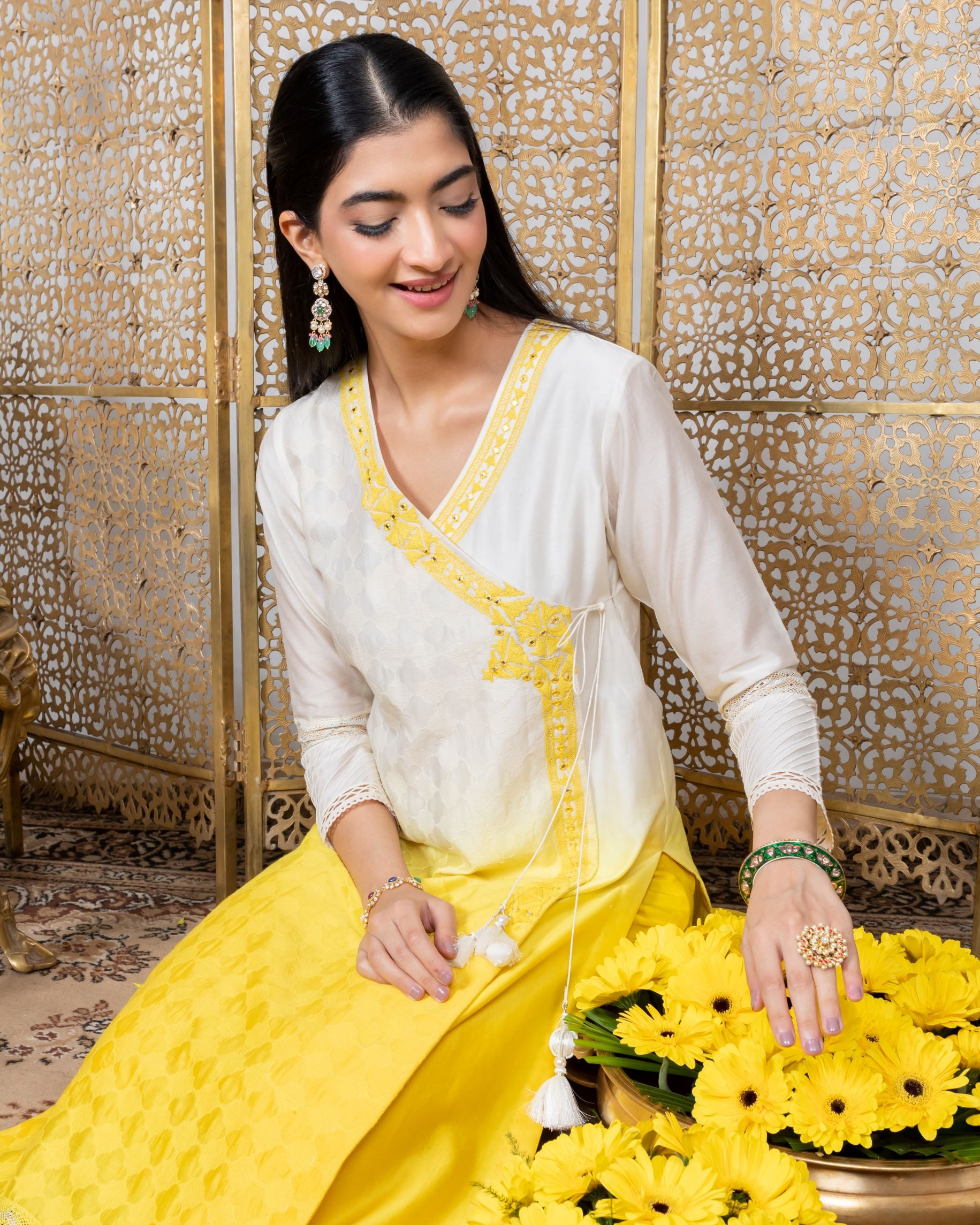Yellow-white embroidered angarakha kurta