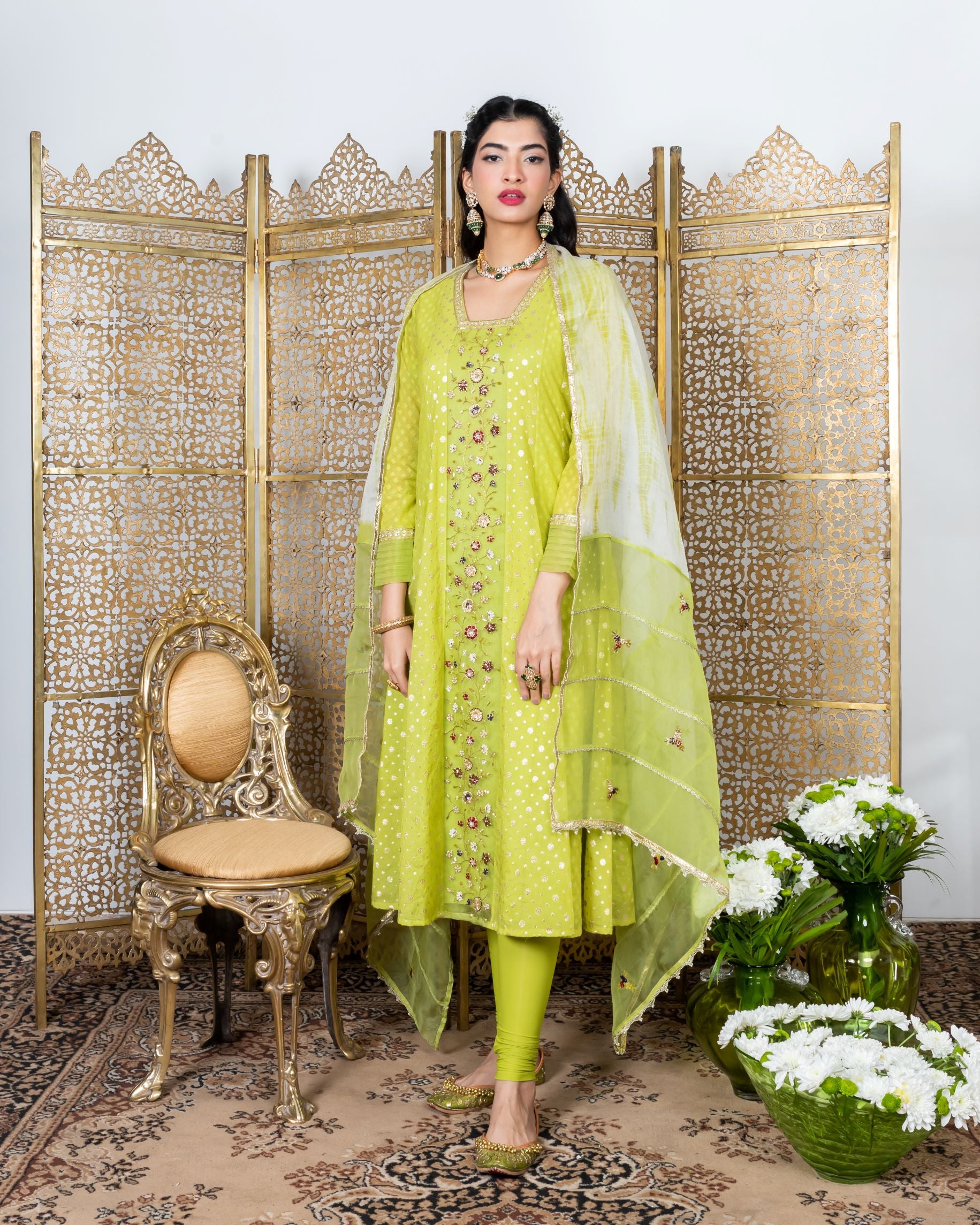 Green Embroidered Kurta Set frontview