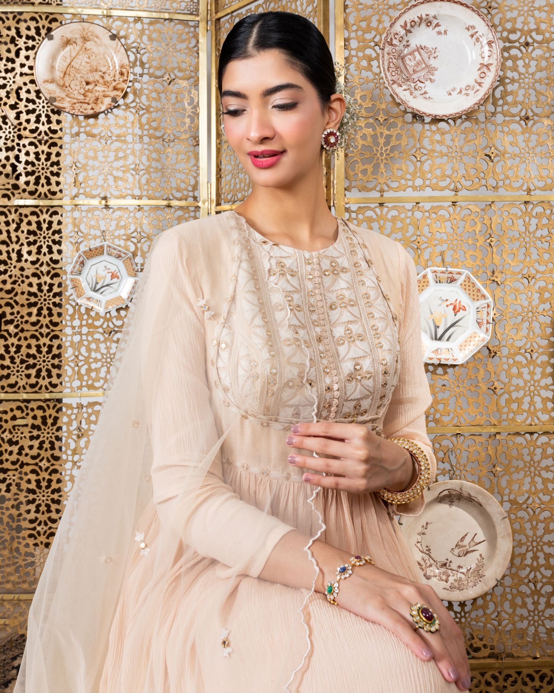 Beige Embroidered Anarkali Set