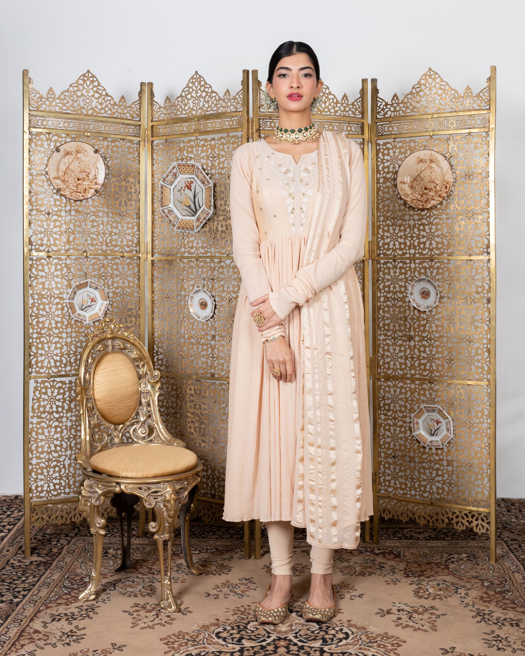 Beige Embroidered Anarkali Set frontview