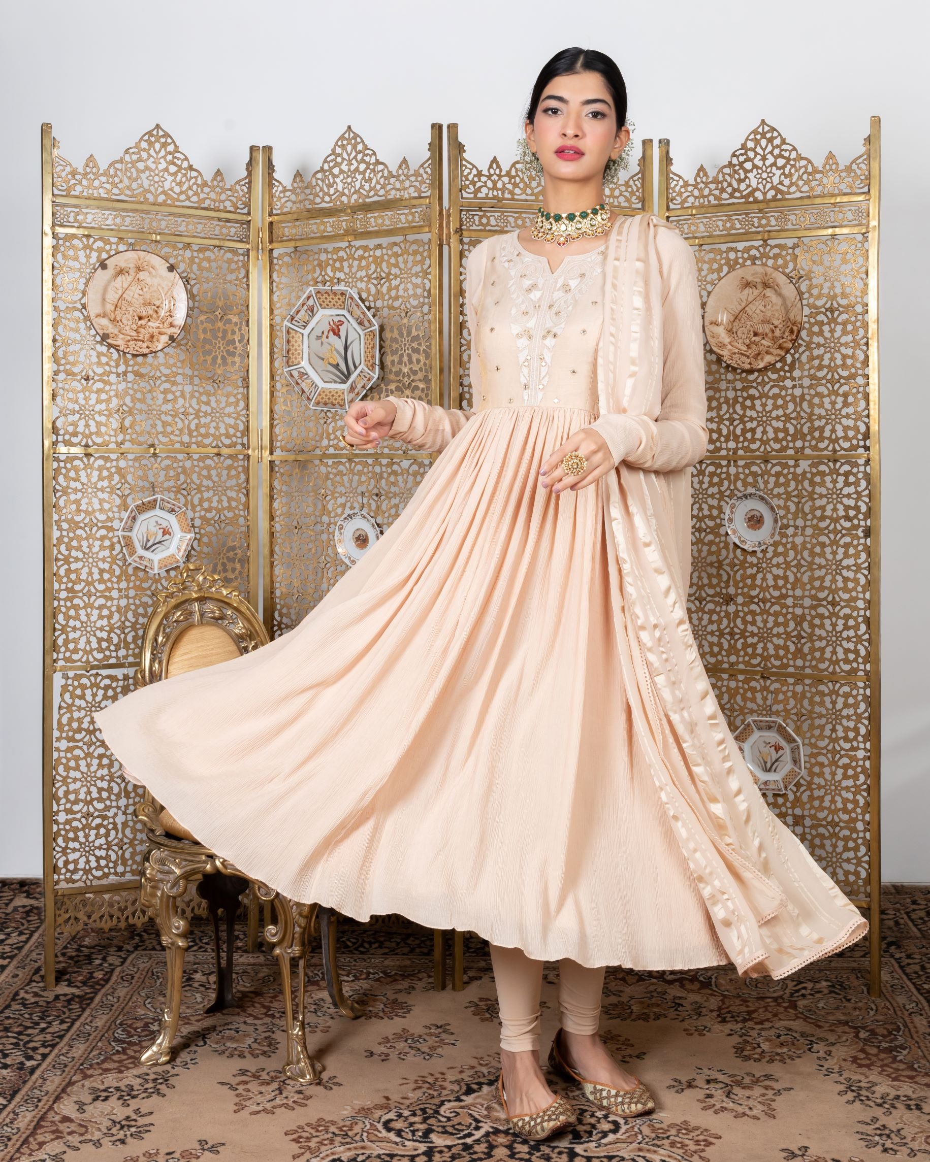 Beige Embroidered Anarkali Set