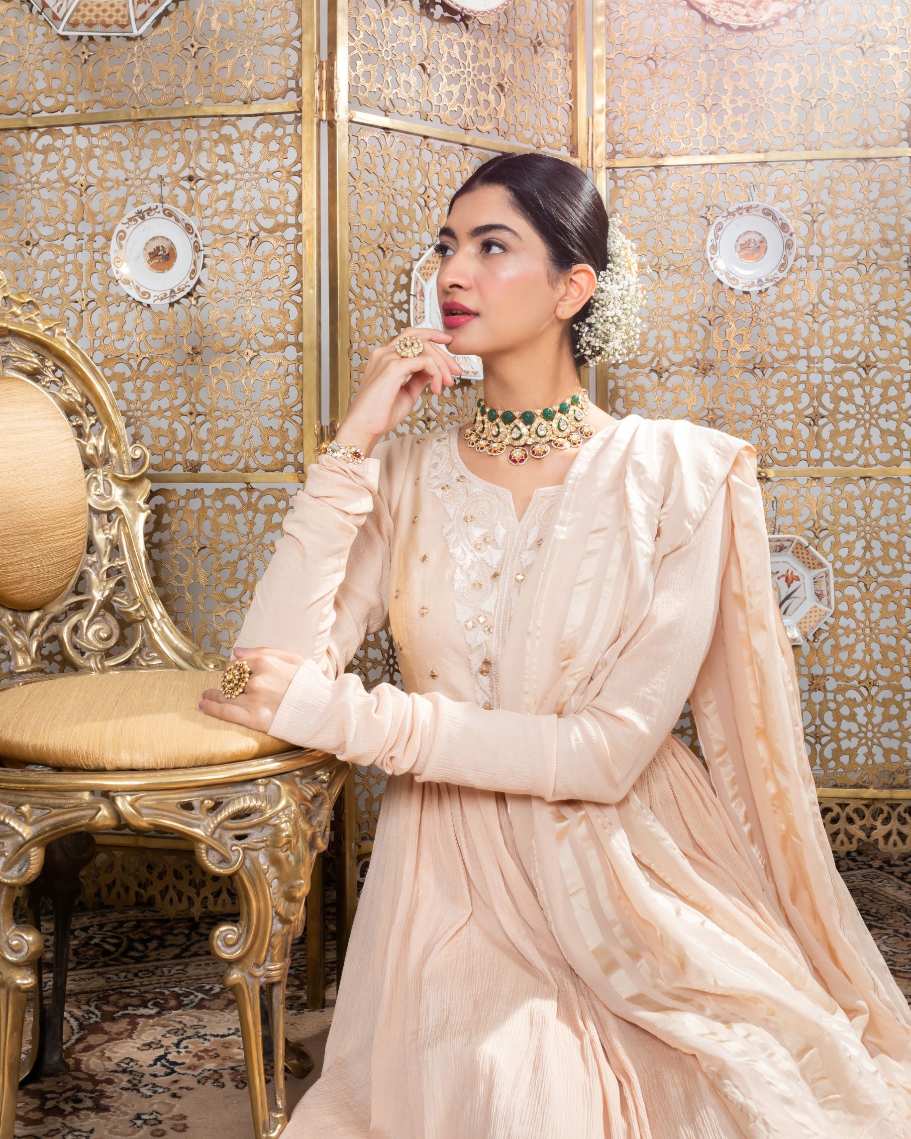 Beige Embroidered Anarkali Set closeview