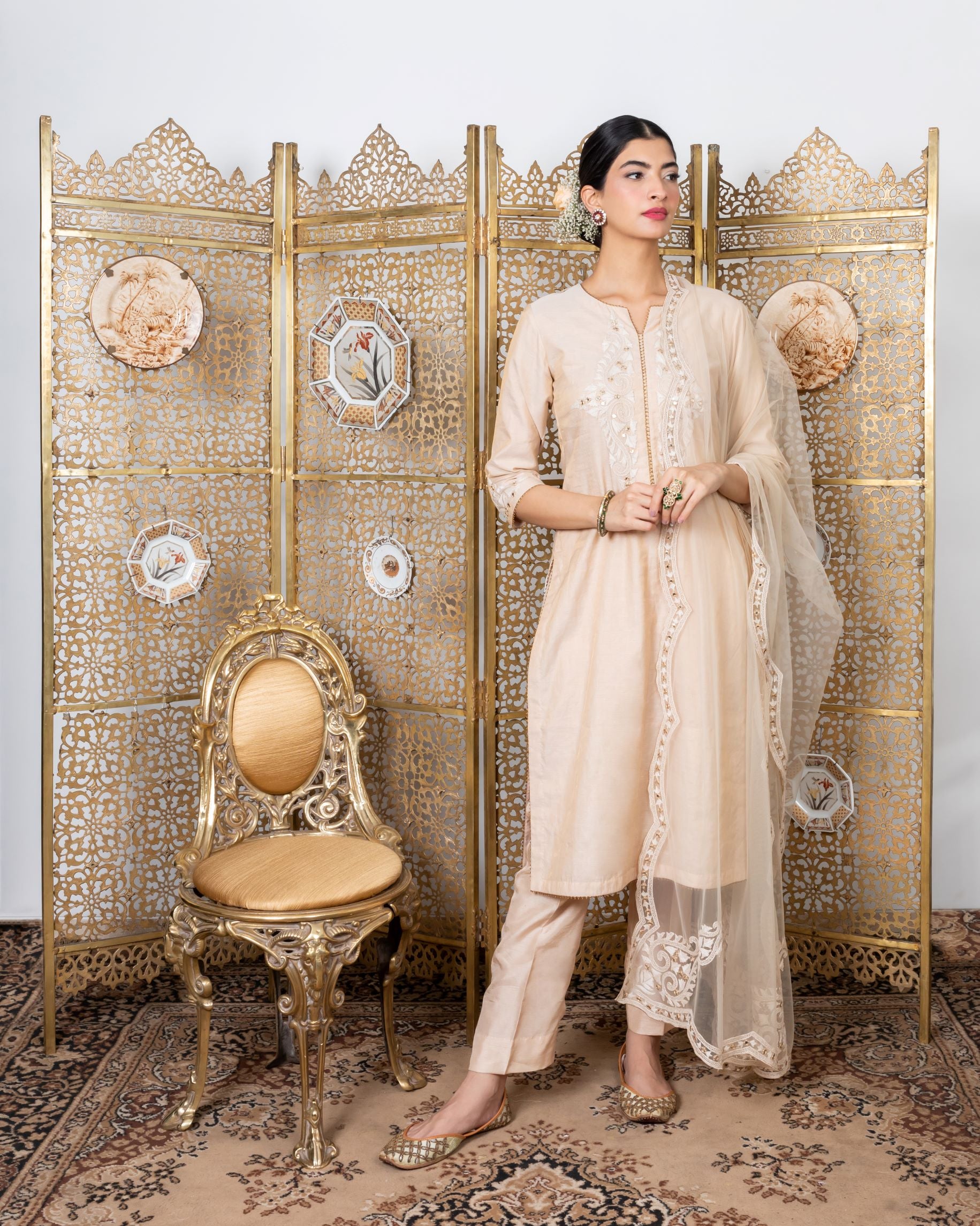 Designer Beige Embroidered Kurta Set