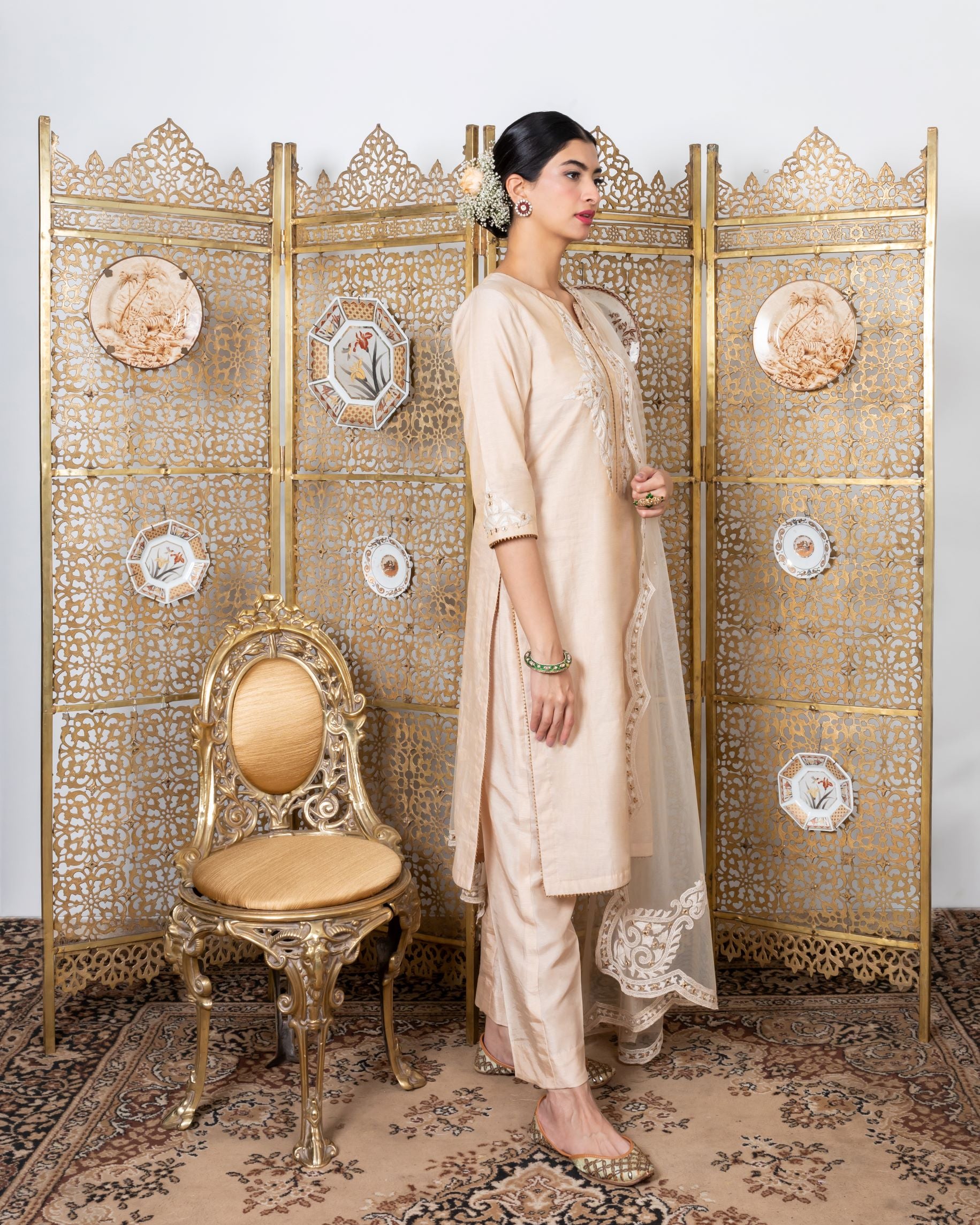 Designer Beige Embroidered Kurta Set sideview