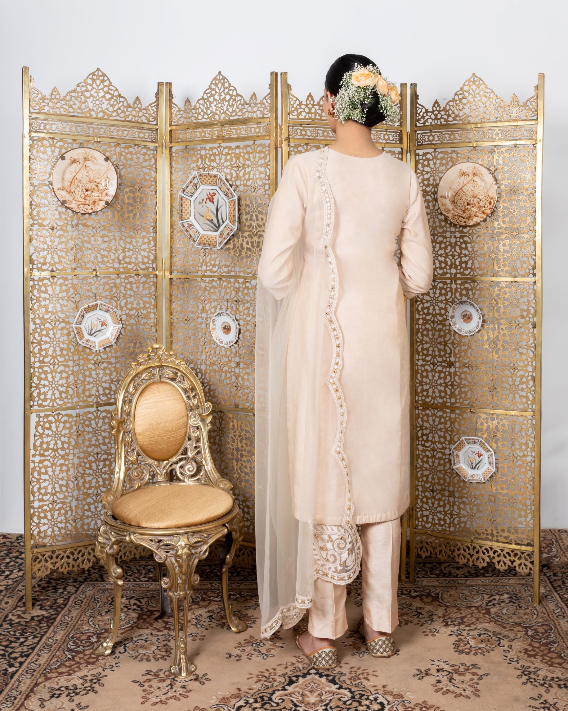 Designer Beige Embroidered Kurta Set backview