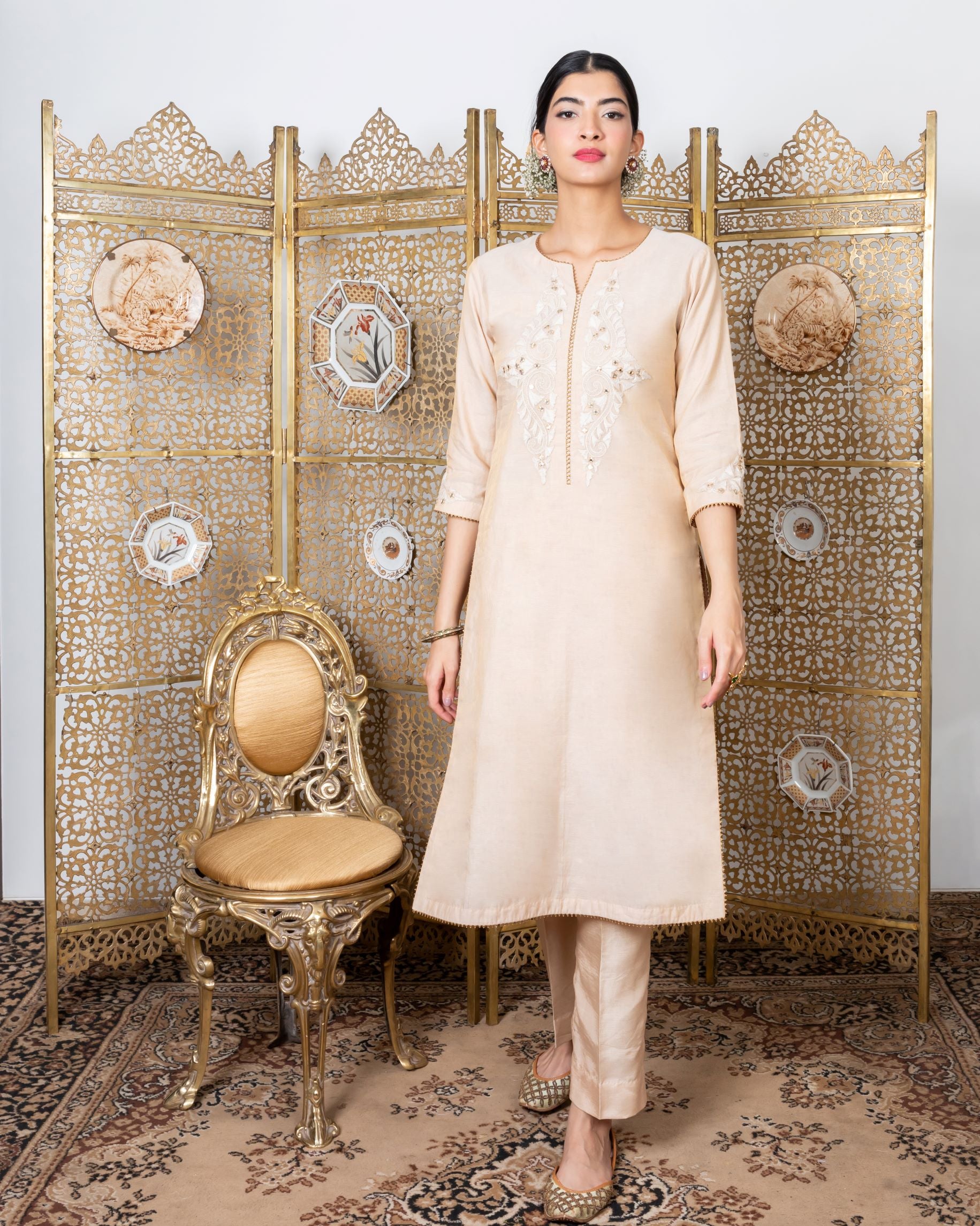Designer Beige Embroidered Kurta Set