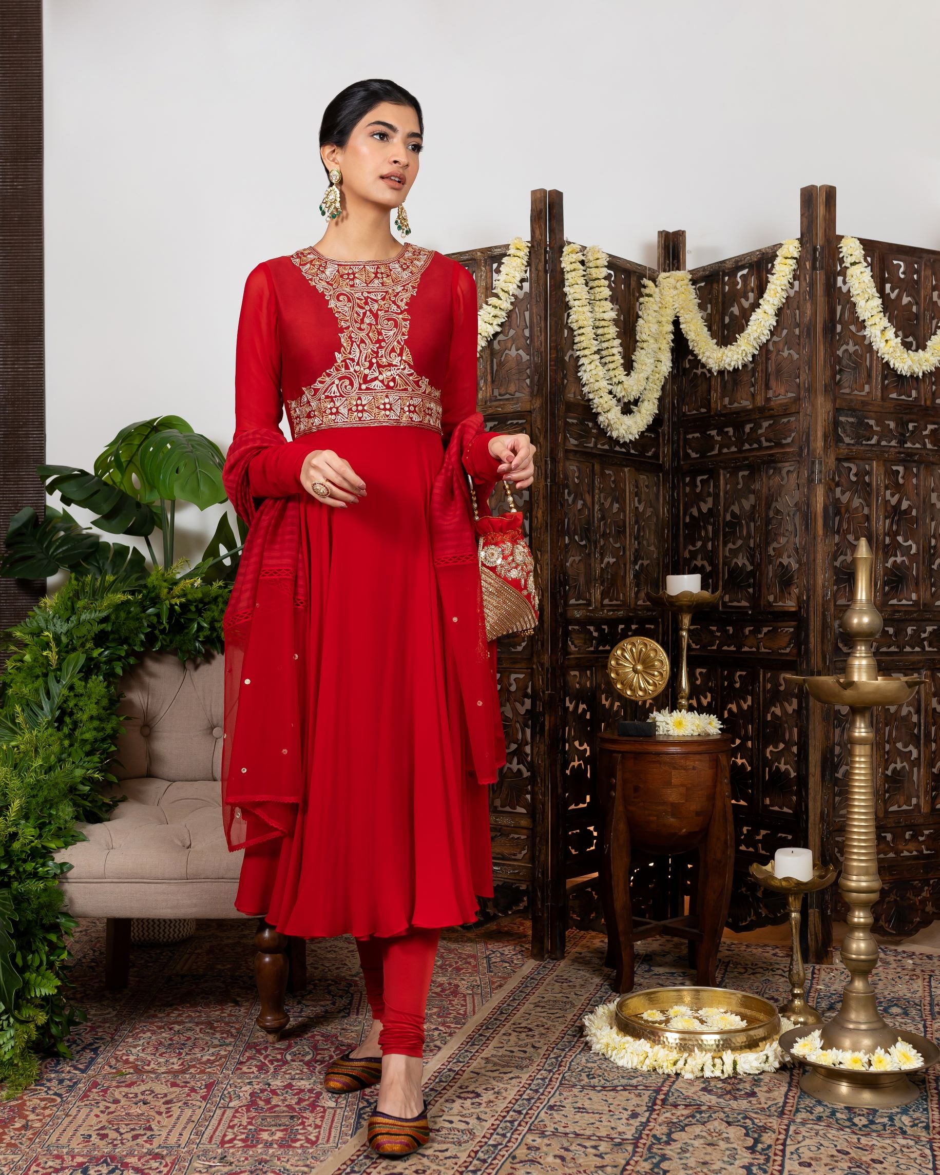 Red Embroidered Anarkali Set