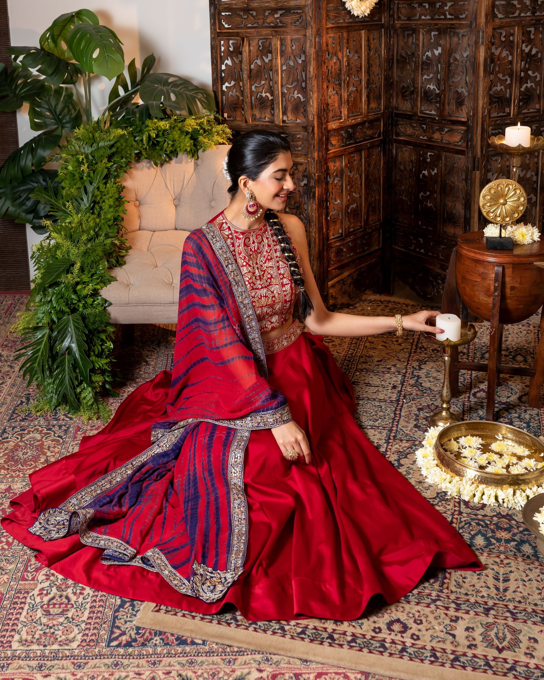 Red Lehenga in chanderi with embroidered waistline.