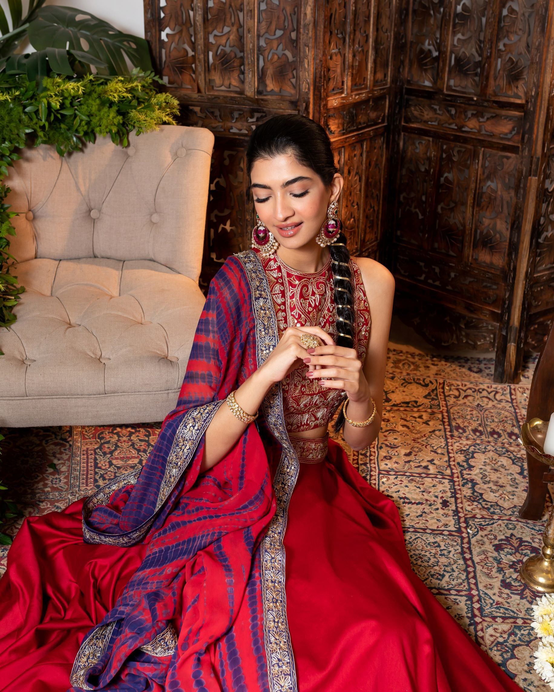Red Lehenga in chanderi with embroidered waistline.