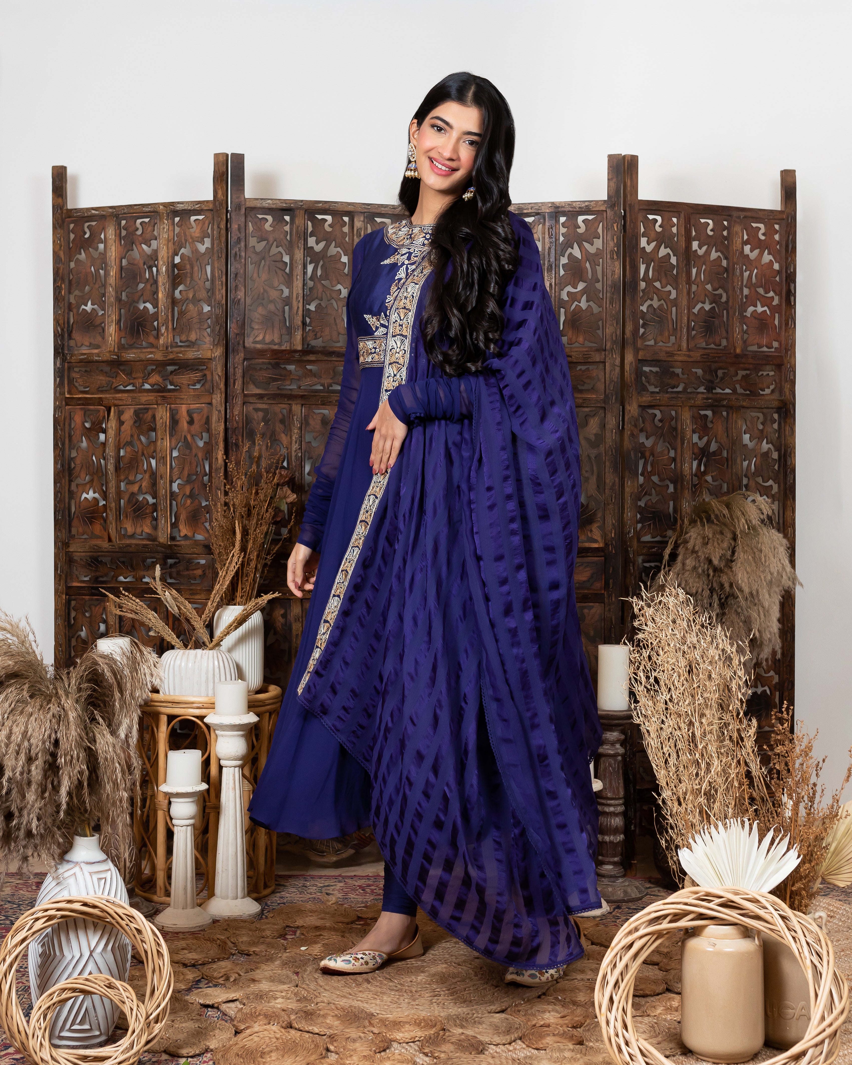 Royal Blue Embroidered Anarkali Set sideview