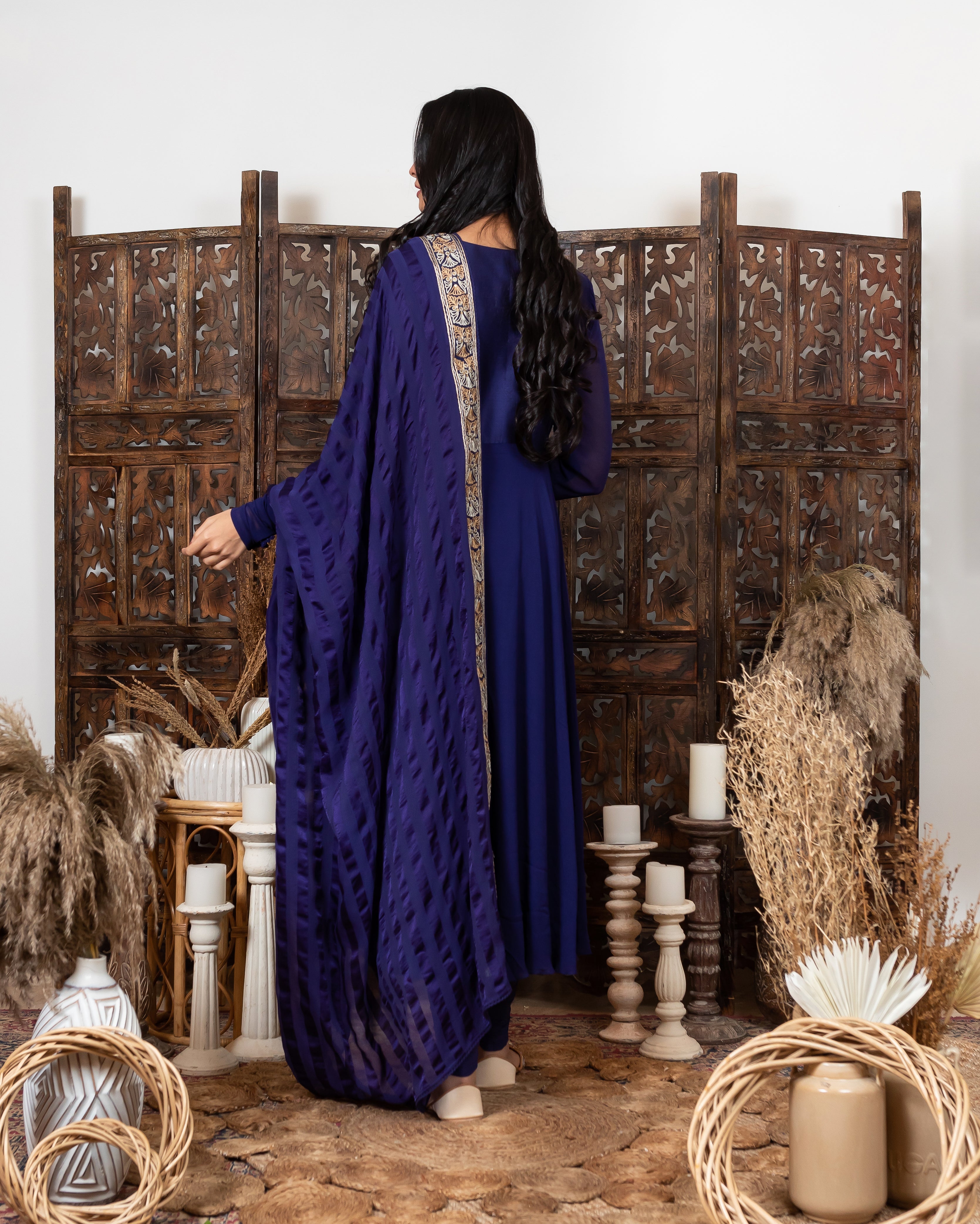 Royal Blue Embroidered Anarkali Set backvie