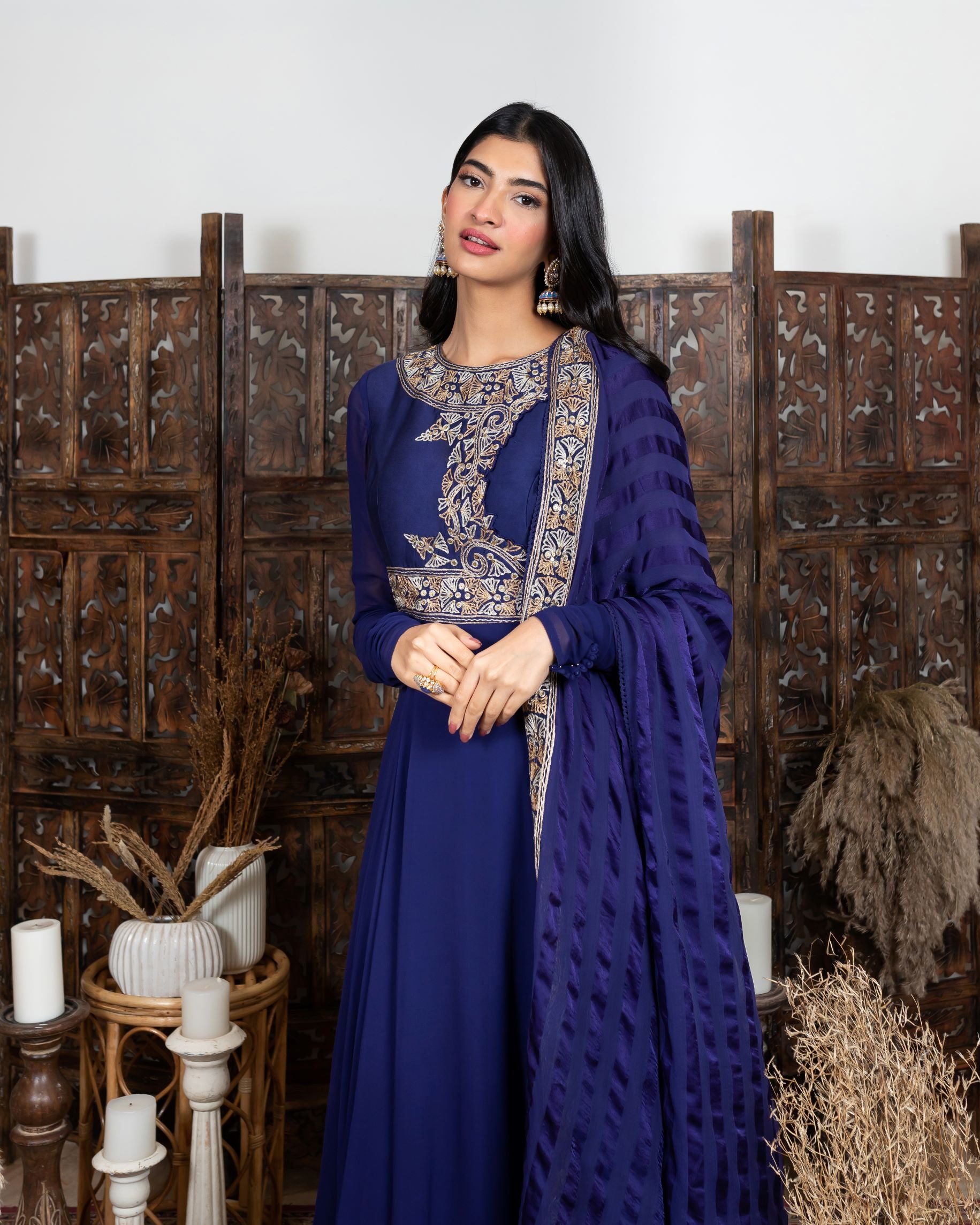 Royal Blue Embroidered Anarkali Set