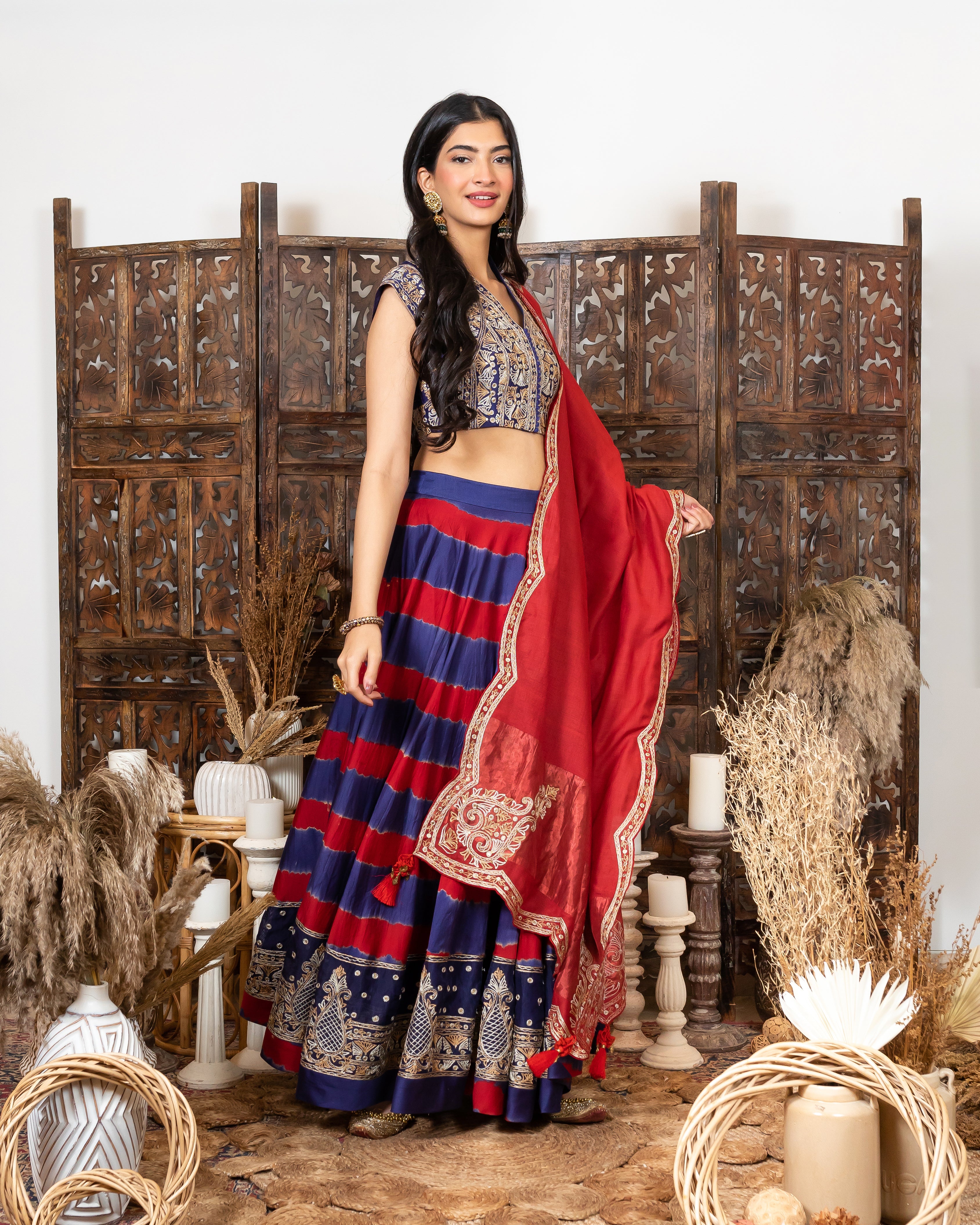 Royal Blue-Red Embroidered Lehenga Set sideview