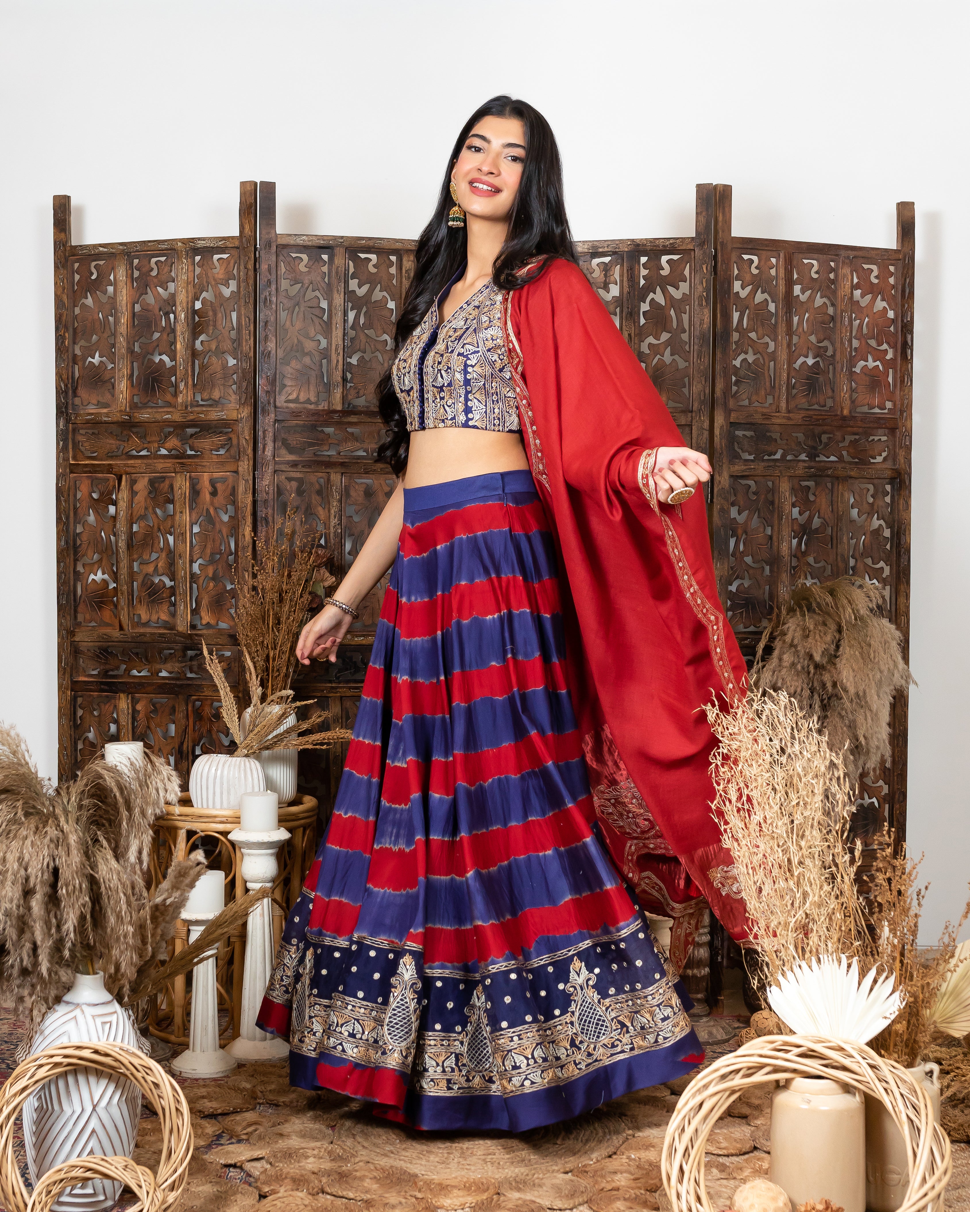 Royal Blue-Red Embroidered Lehenga Set