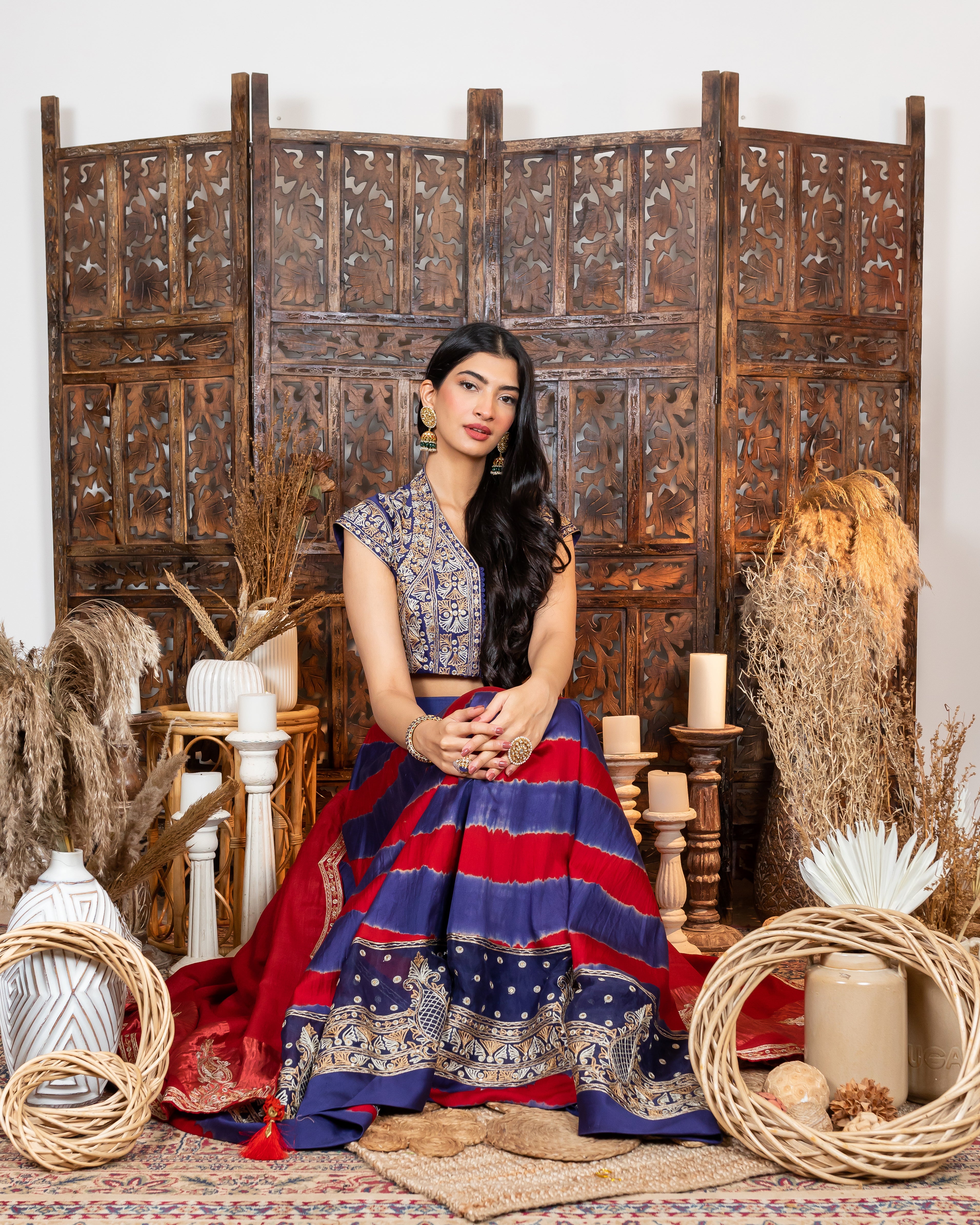 Royal Blue-Red Embroidered Lehenga Set