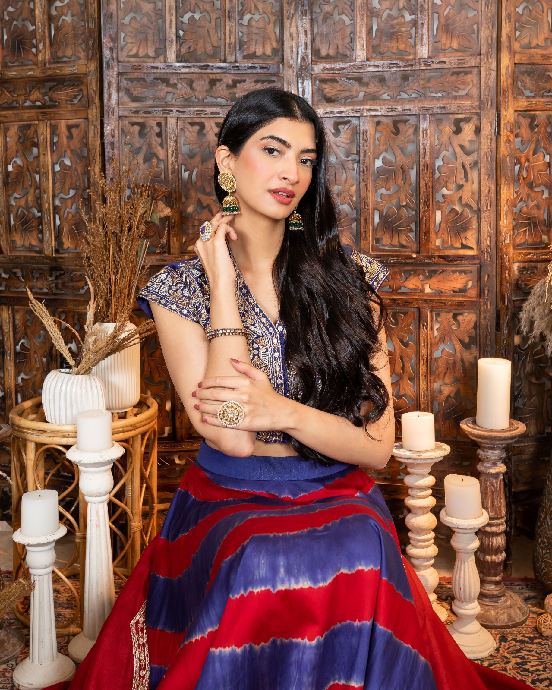 Royal Blue-Red Embroidered Lehenga Set