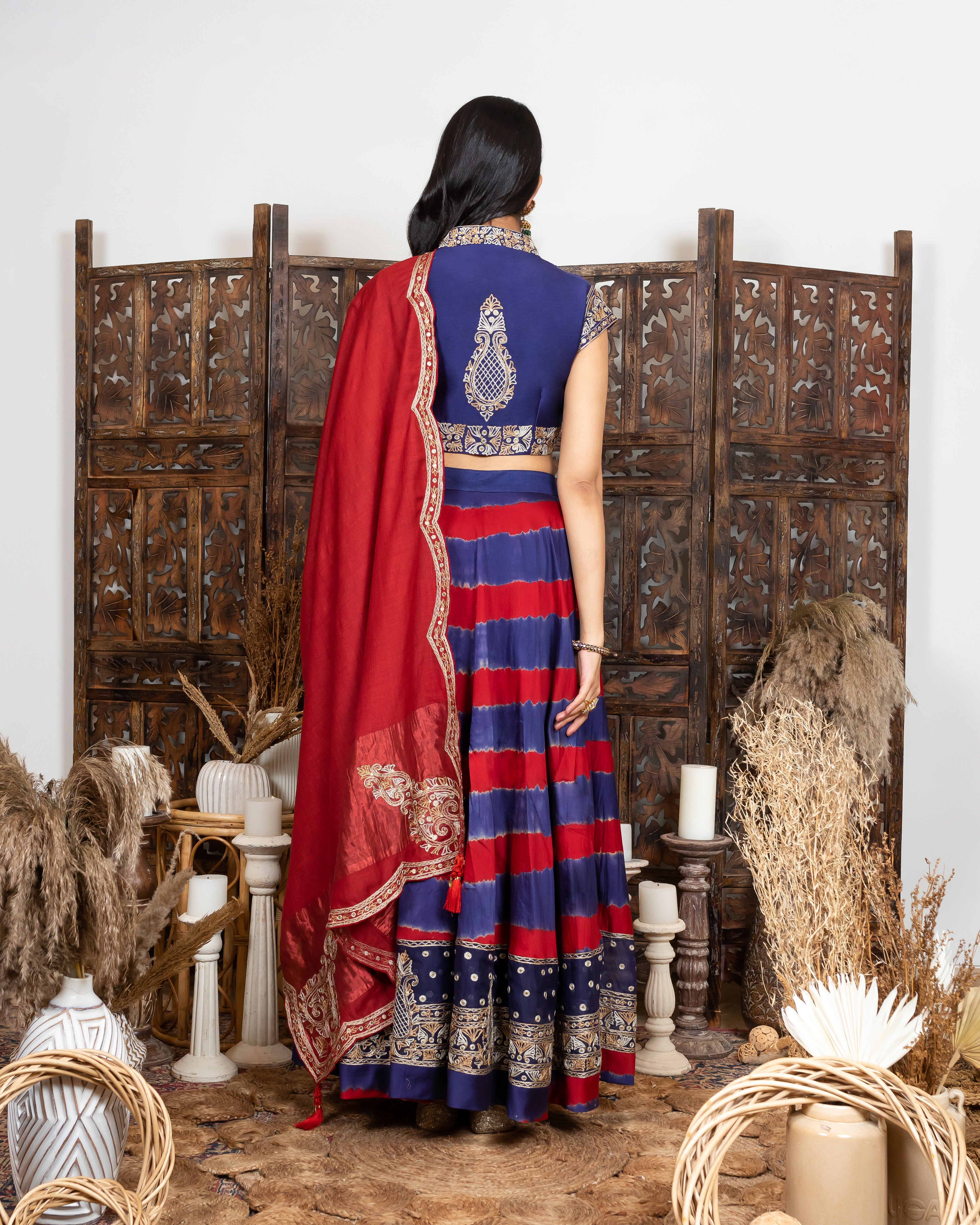 Royal Blue-Red Embroidered Lehenga Set backview