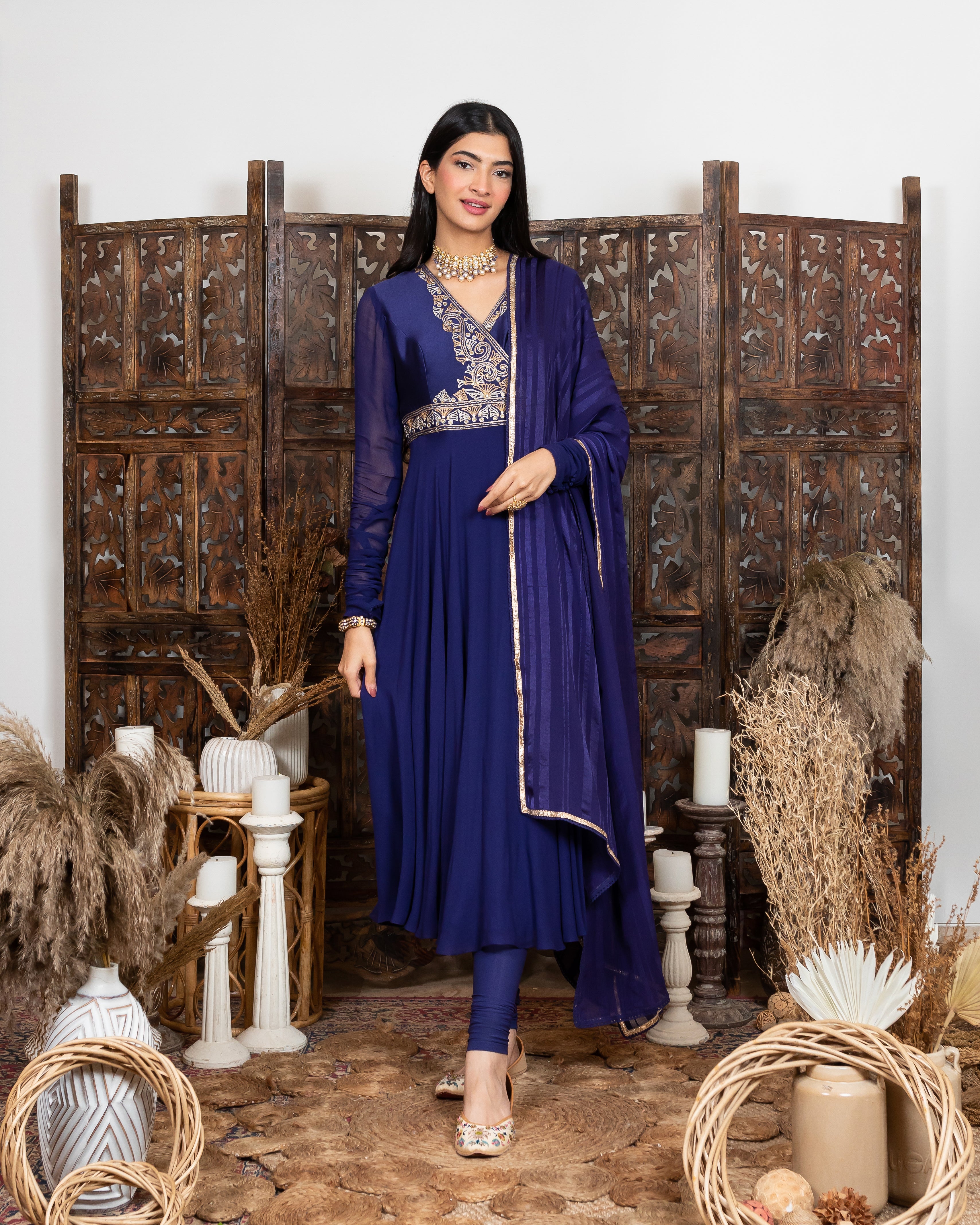 Royal Blue Angarkha style Anarkali with embroidered yoke
