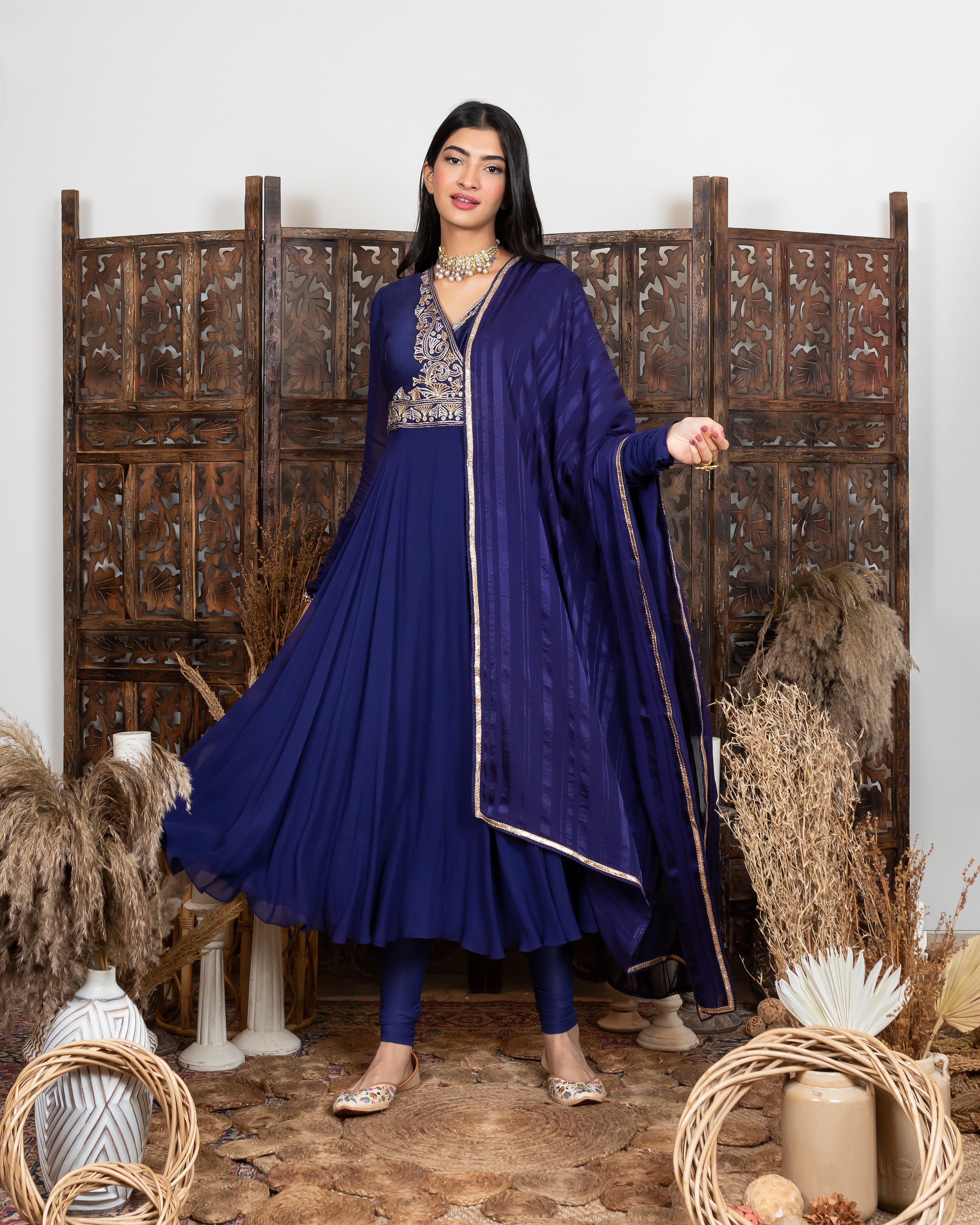 Royal Blue Angarkha style Anarkali with embroidered yoke
