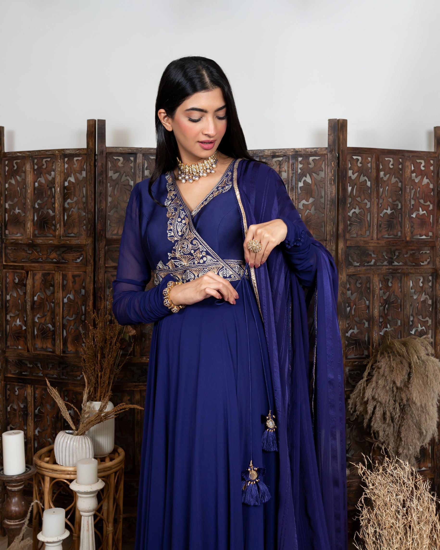 Royal Blue Angarkha style Anarkali with embroidered yoke