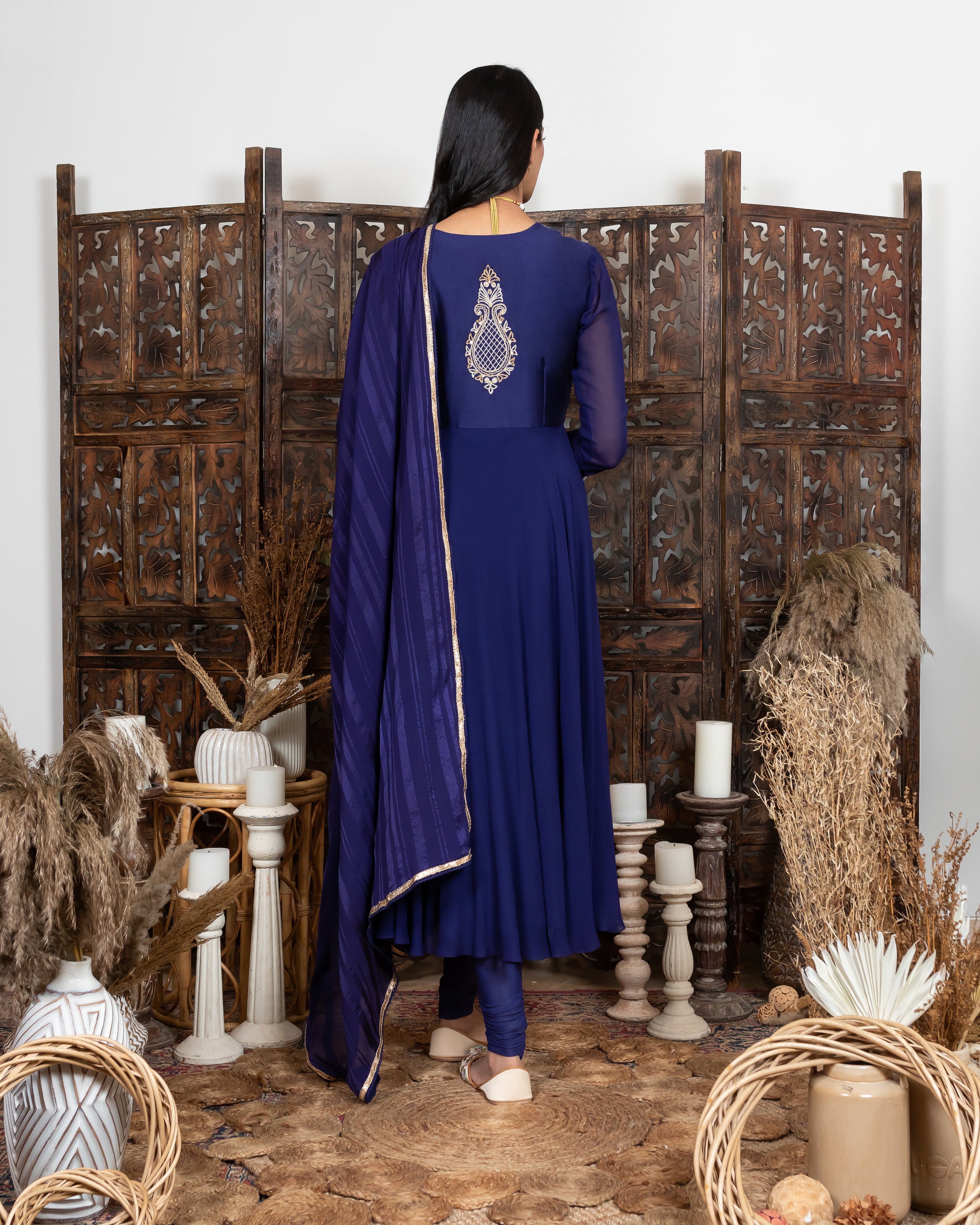 Royal Blue Angarkha style Anarkali with embroidered yoke backview