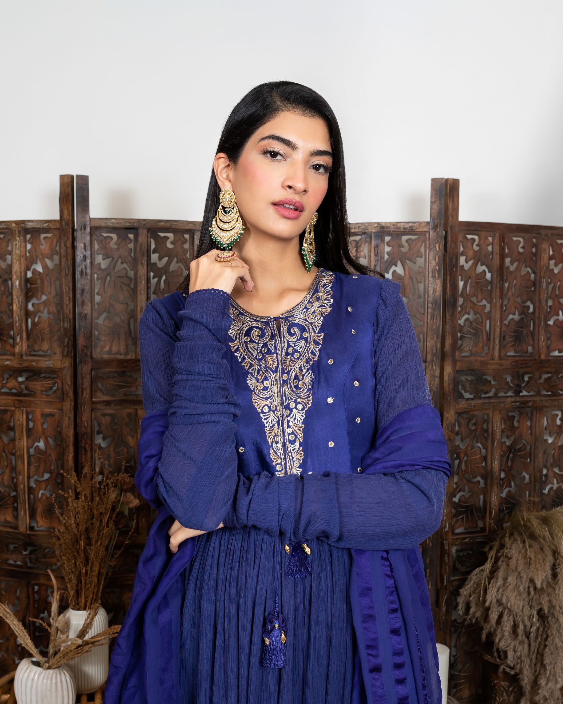 Royal Blue Embroidered Anarkali Set frontview