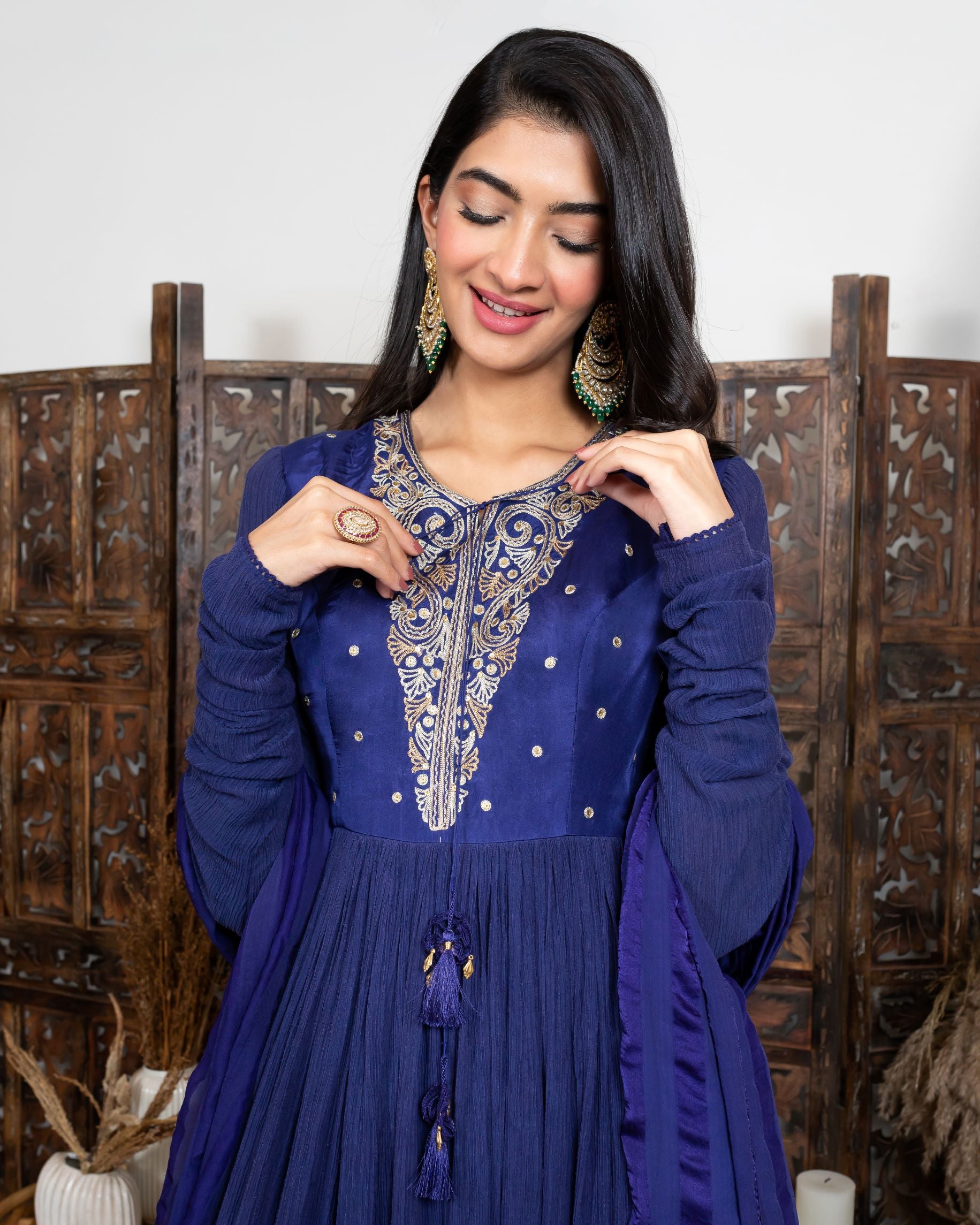 Royal Blue Embroidered Anarkali Set frontview