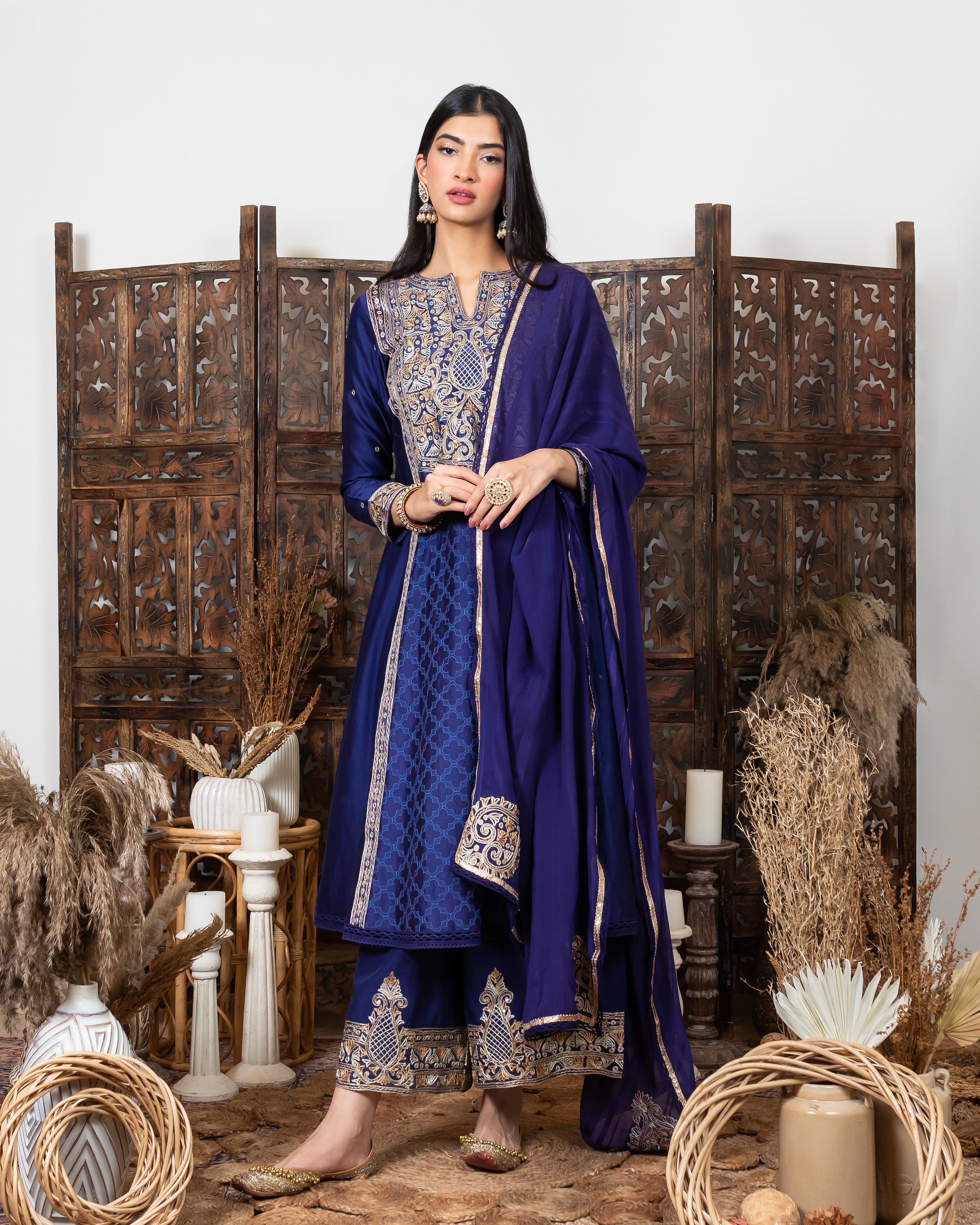 Royal Blue embroidered Kurta set frontview