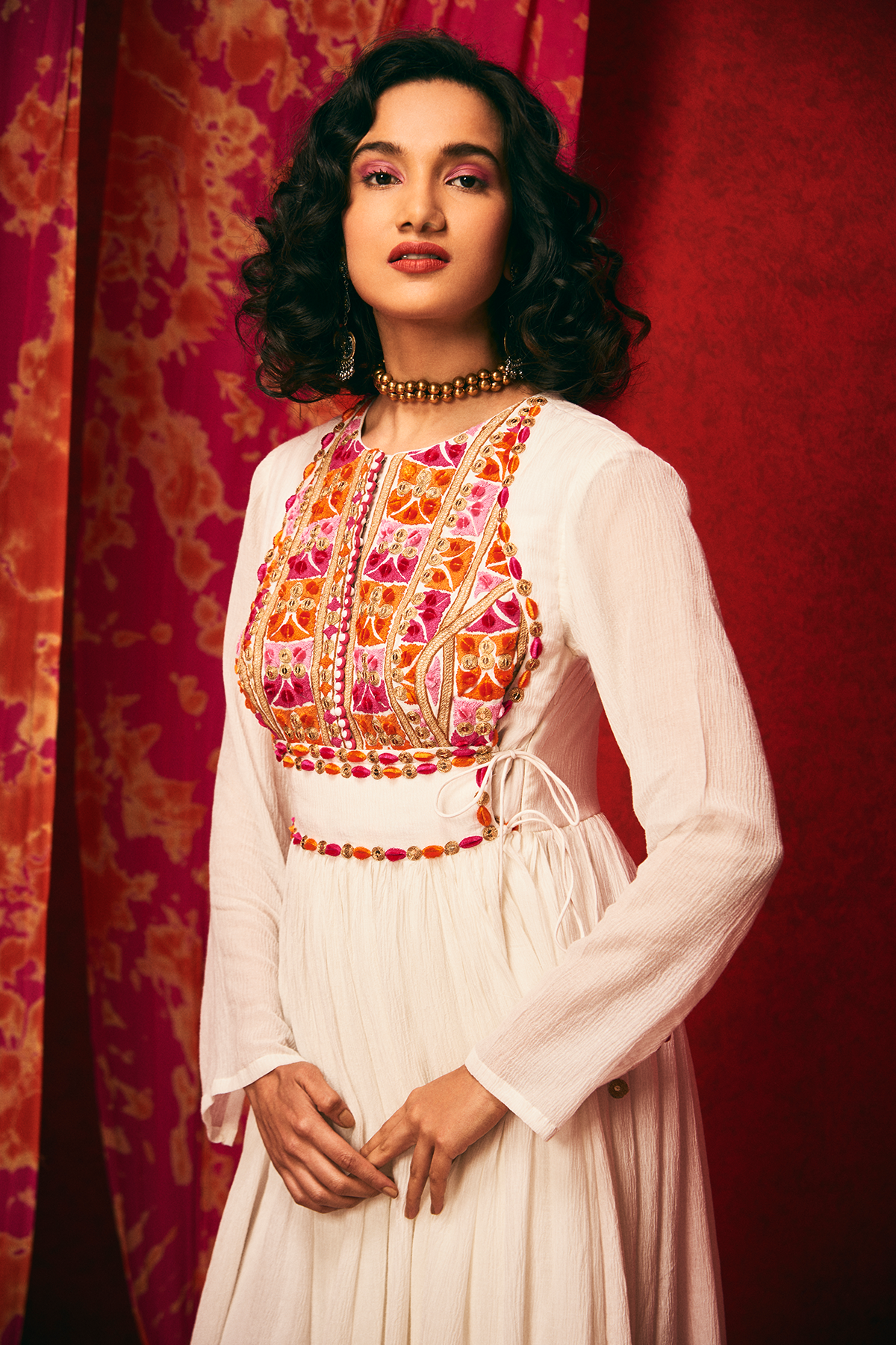 White Cotton Crush Anarkali Dress Closeview