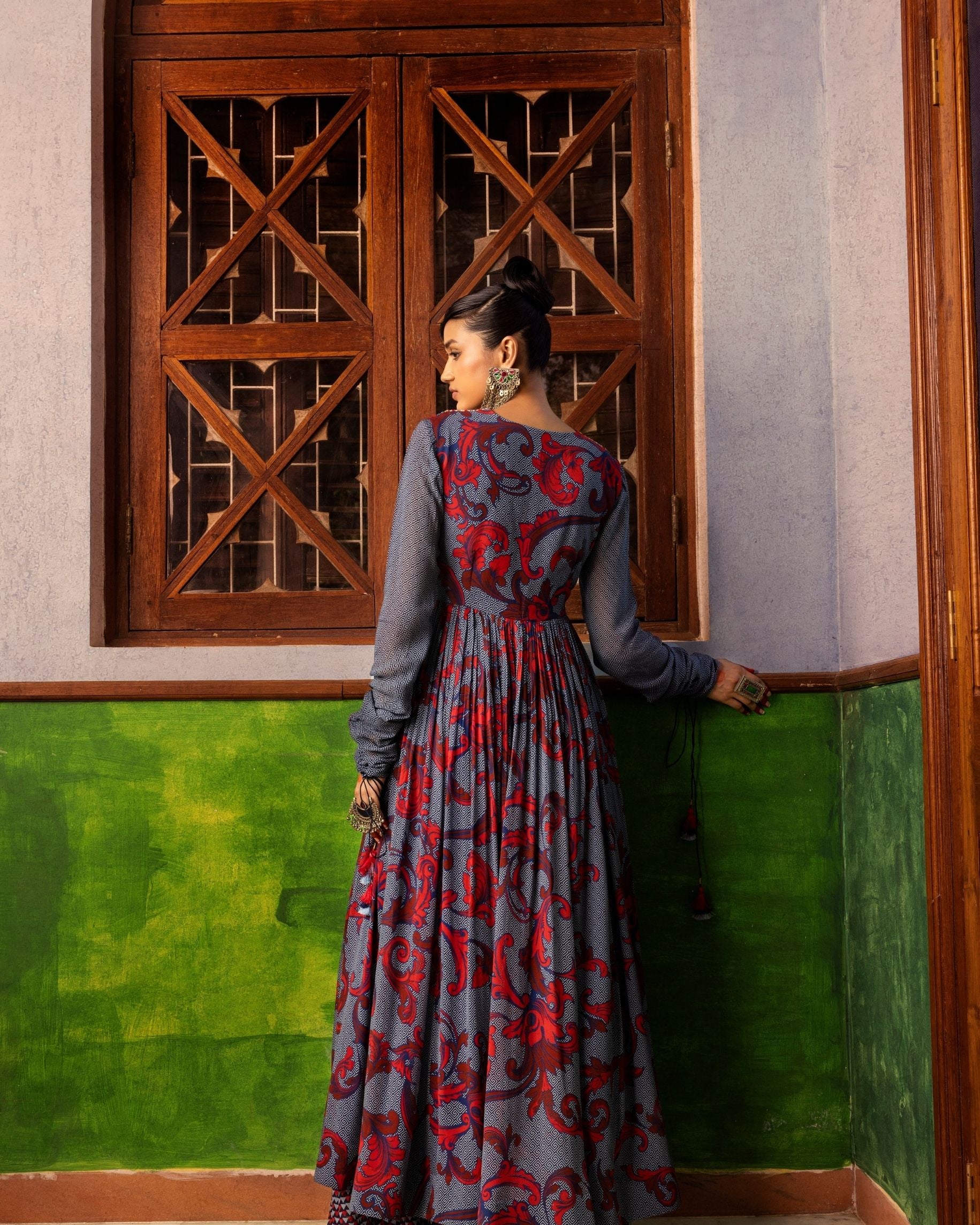 Women's Blue Floral Printed Dress Backview