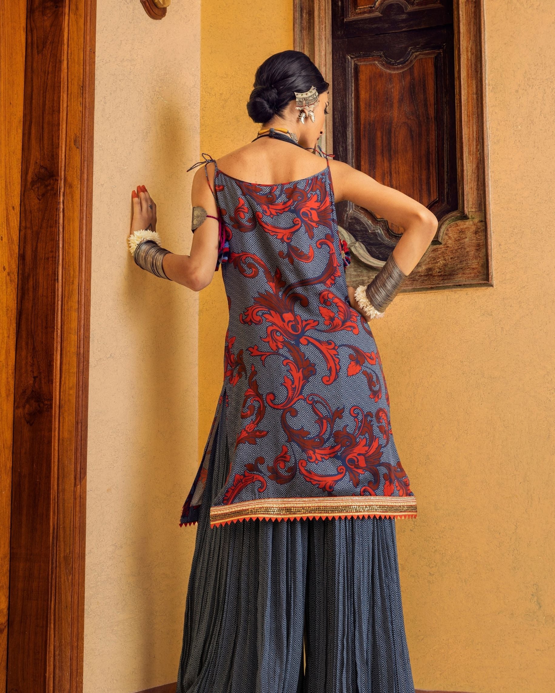 Blue Printed & Embroidered Kurta set Backview