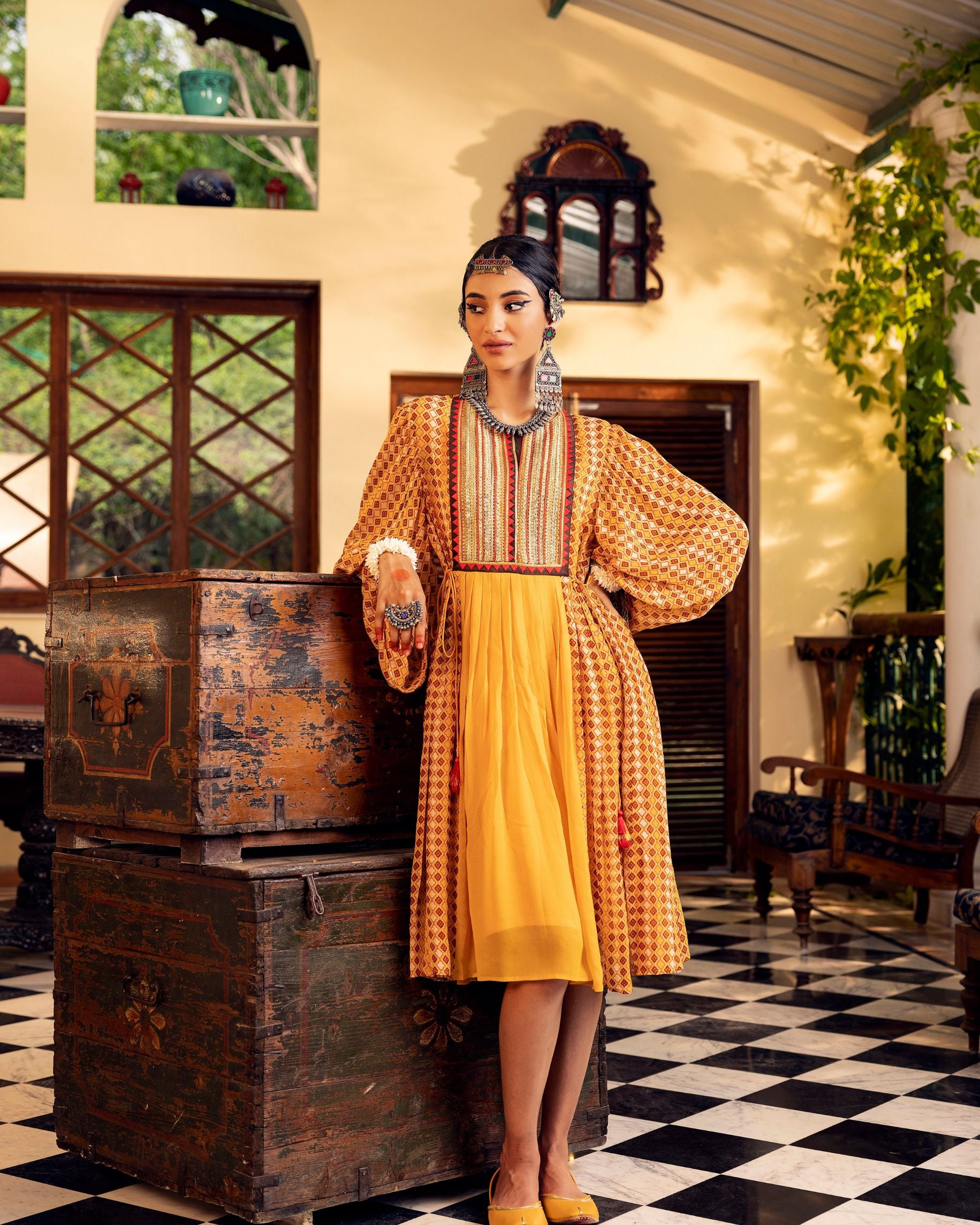 Women's Yellow Printed & Embroidered Dress