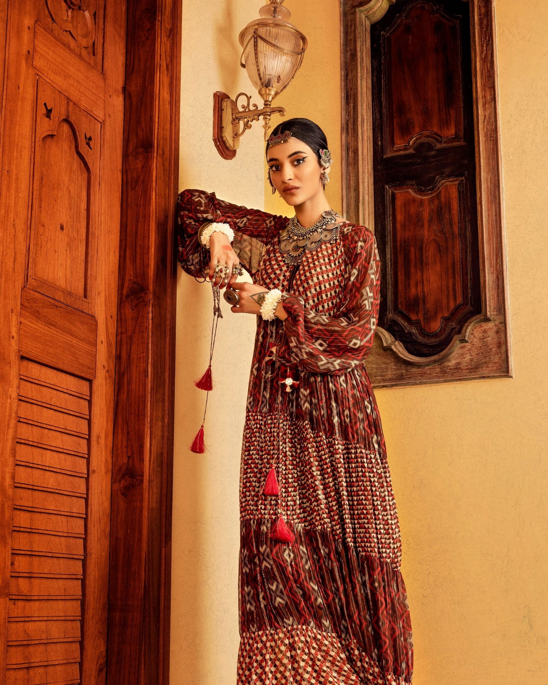 Brown Printed Tiered Dress FRontview