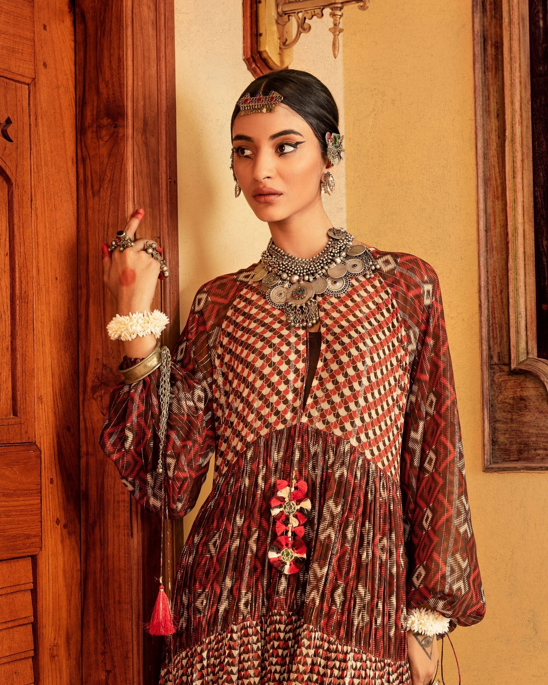 Brown Printed Tiered Dress Closeview