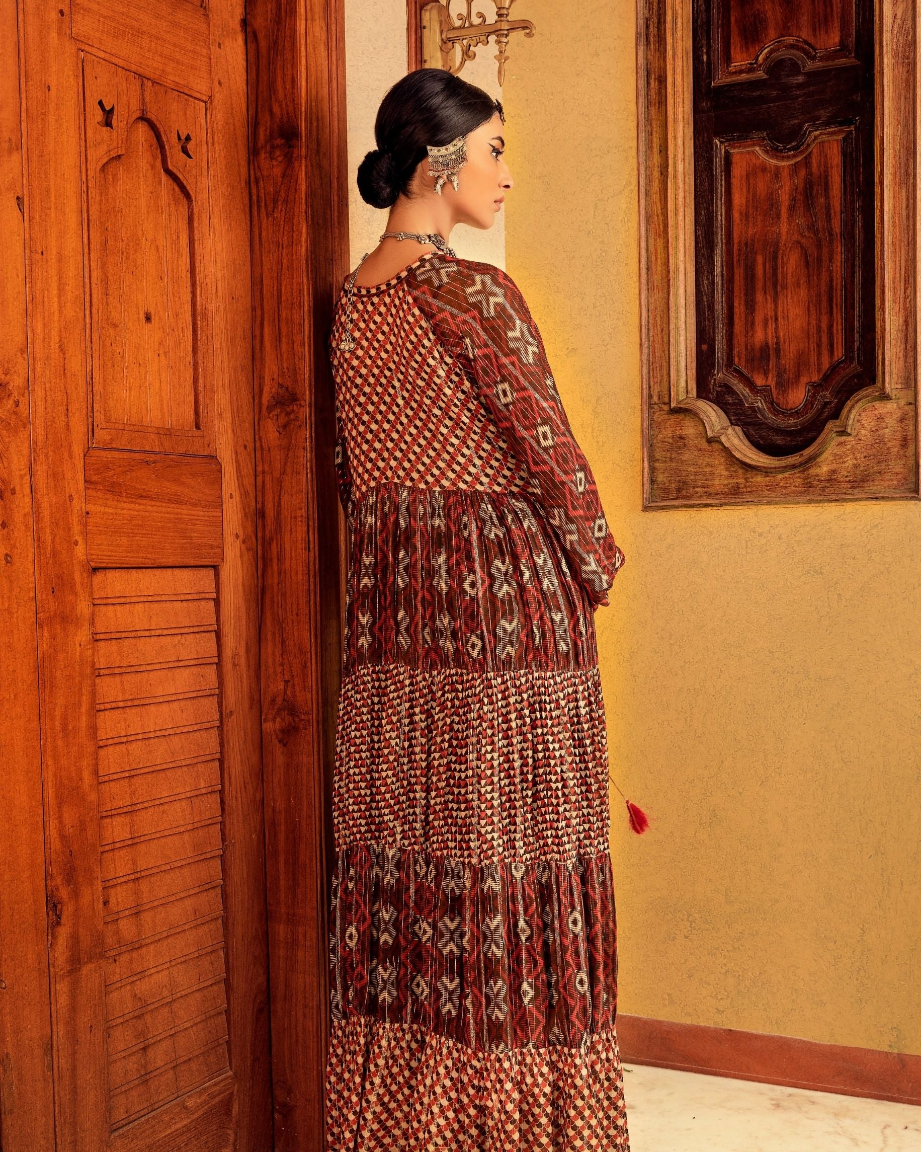 Brown Printed Tiered Dress Backview