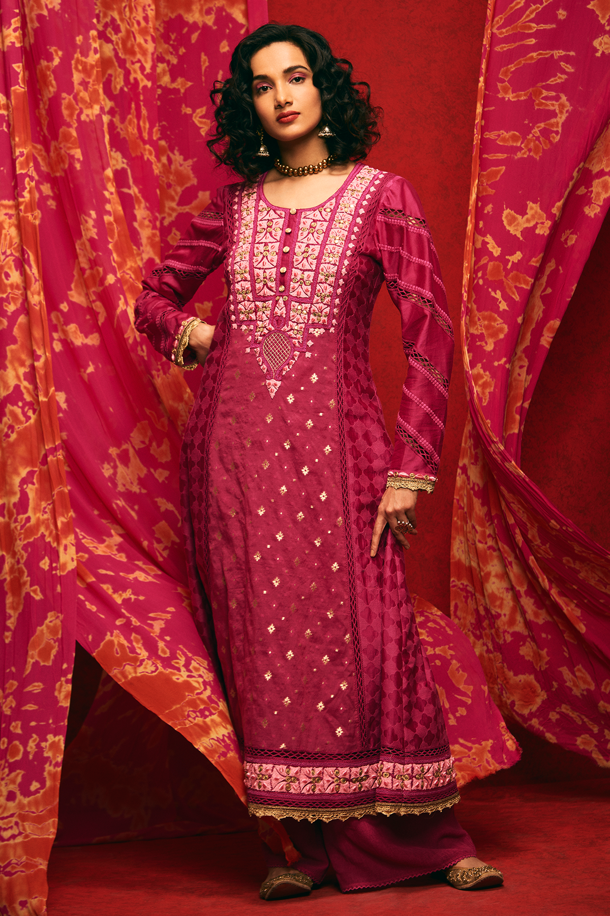 Burgundy chanderi silk anarkali dress with pallazzo pants and dupatta