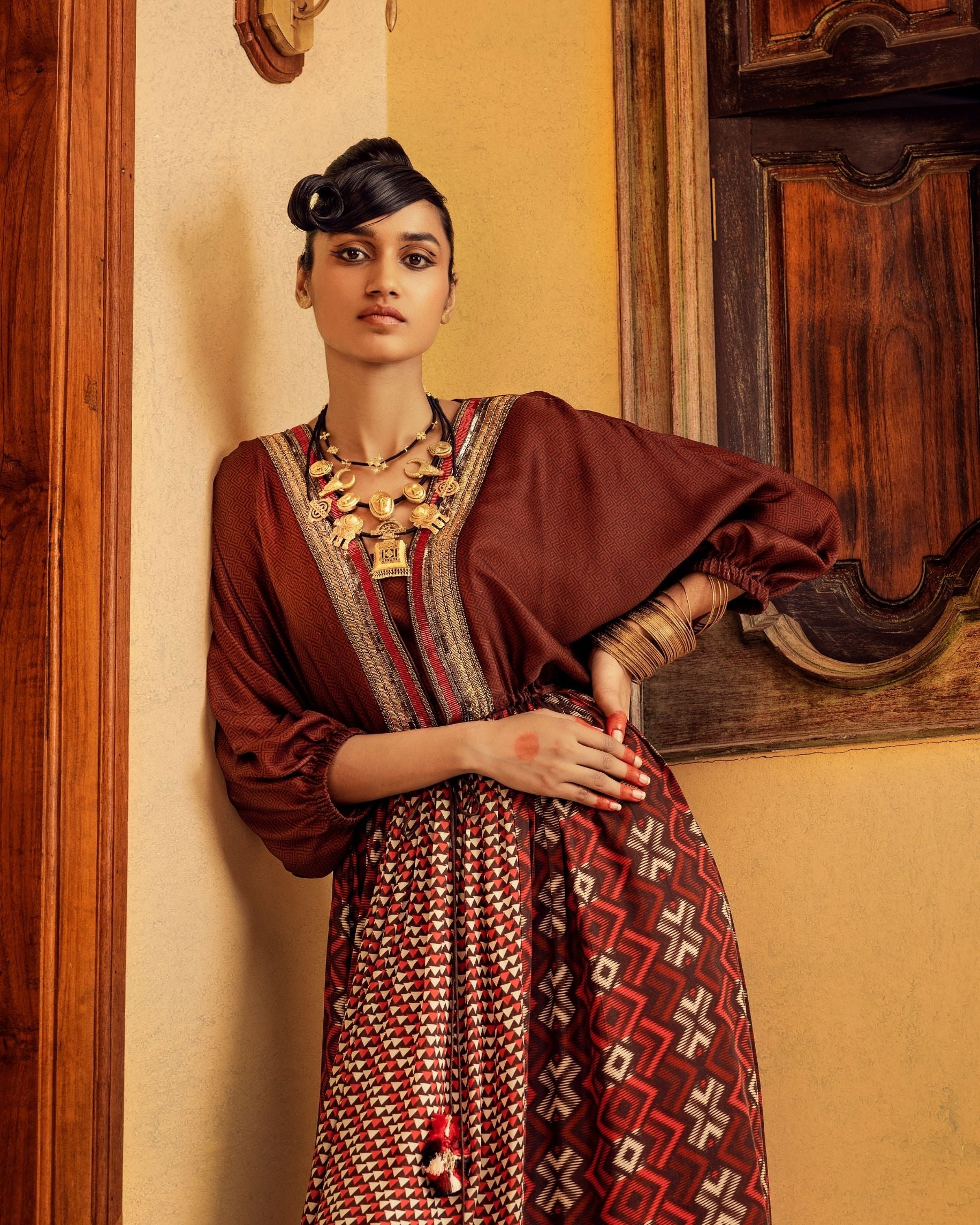 Brown Printed & Embroidered Dress