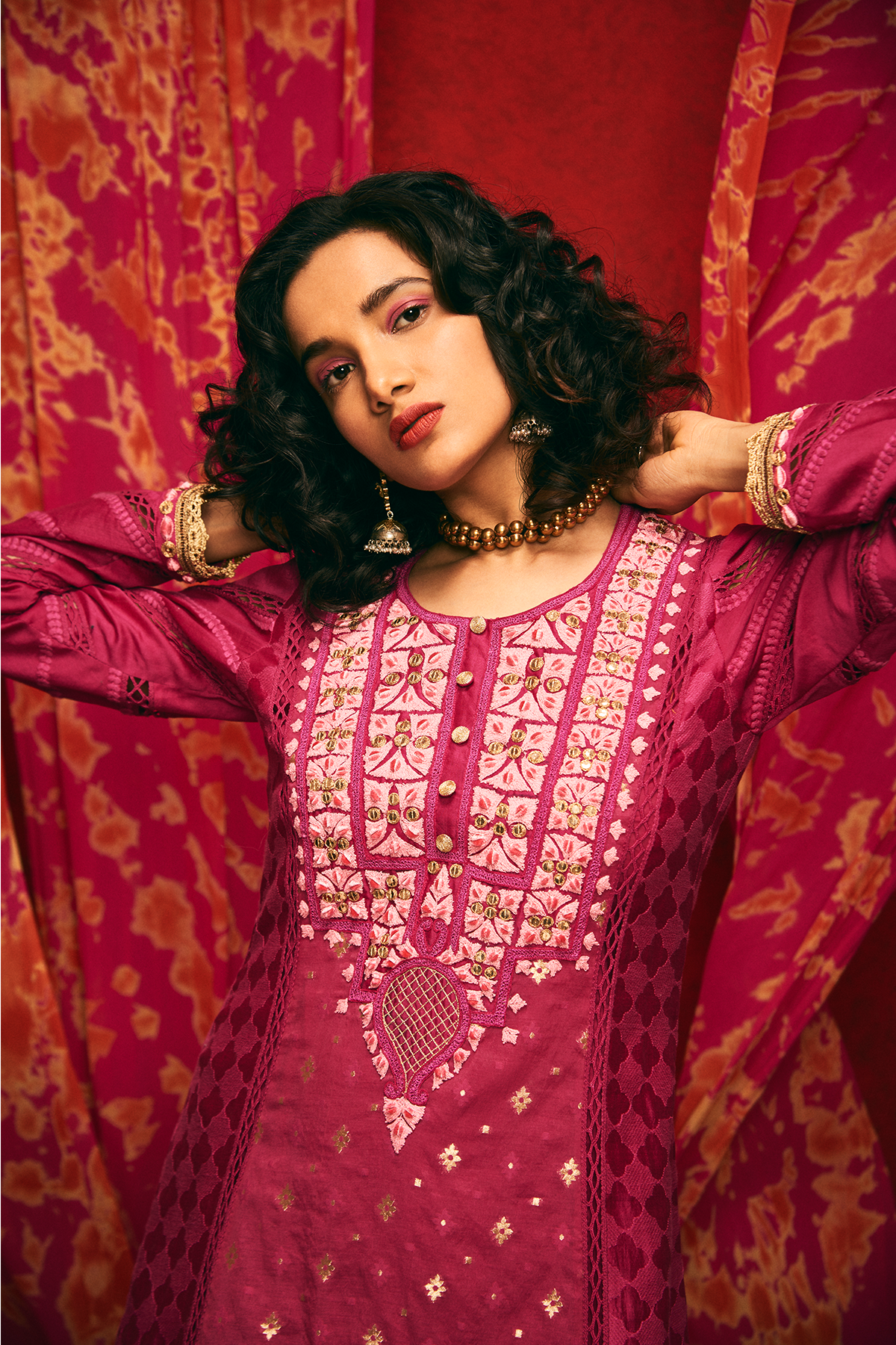 Burgundy chanderi silk anarkali dress with pallazzo pants and dupatta