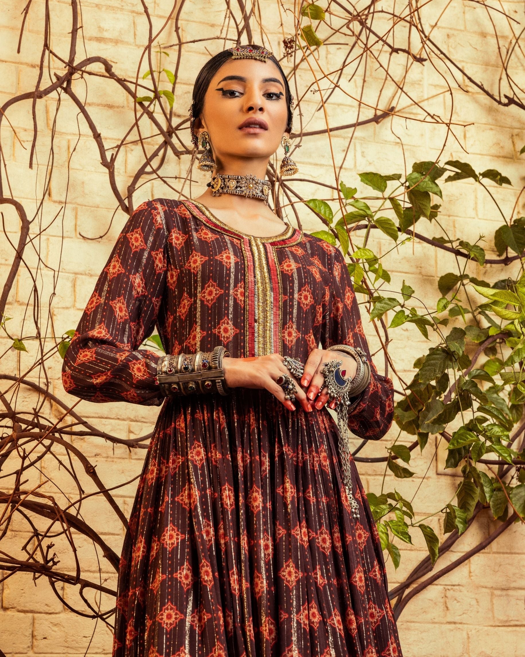 Brown Printed & Embroidered Kurta set
